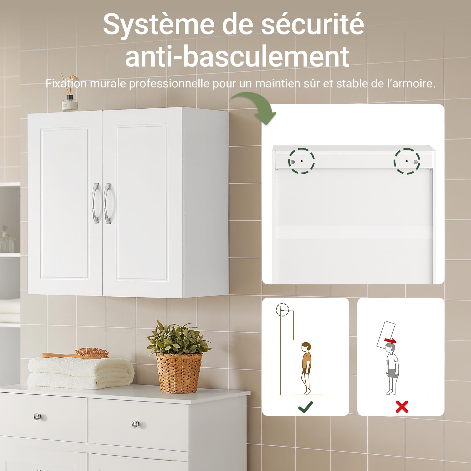 SoBuy Meuble Haut Cuisine Compact avec 2 Portes, Placard Cuisine Mural Petit Format, Armoire Murale & Armoire Suspendu pour Cuisine, Meuble Mural de Rangement, Charge 36kg, Blanc, 60x30x60cm, FRG231-W