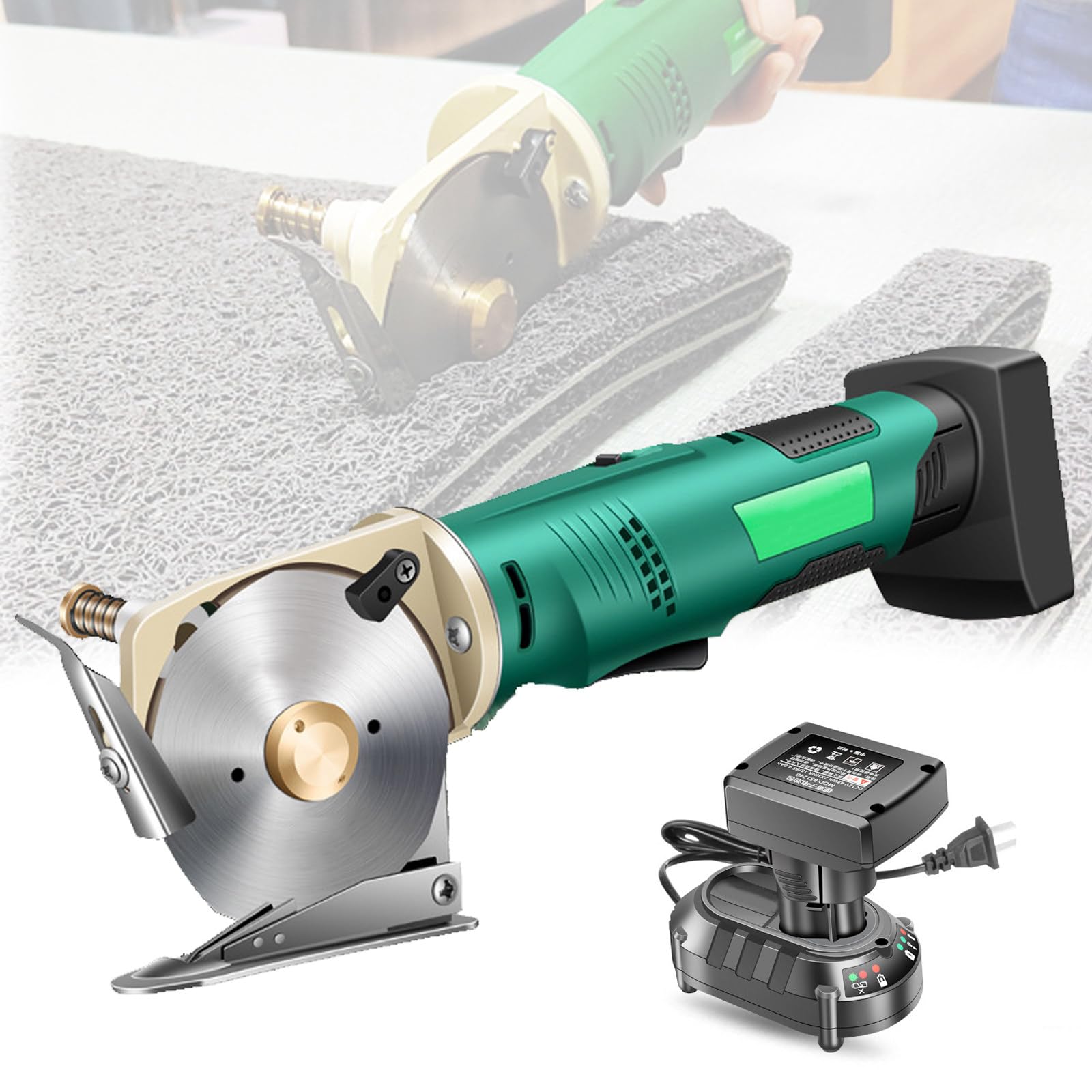 DOZPAL Rotary Fabric Cutter Mini Cordless Electric Cloth Cutter, Maximum Cutting Thickness 3.3cm, 2 Battery, 90mm Diameter Round Blades, Carpet Leather Cutter,4000mAh