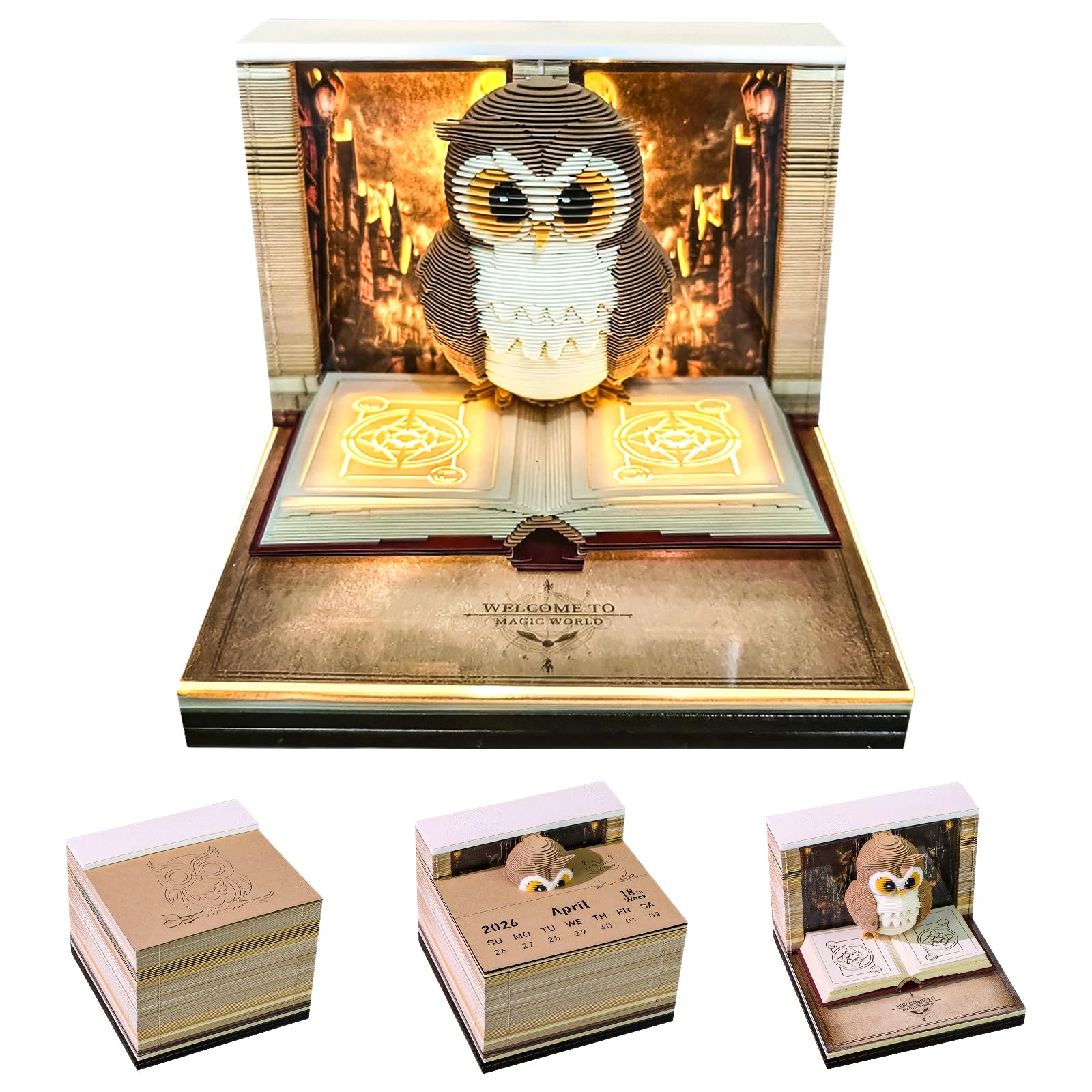 2026 Notepad Calendar 3D, 3D Desk Calendar with Led Lights, Owl 3D Paper Sculpture Calendar 2026, DIY Paper Carving Art Memo Pad for Office Desktop Decoration Gift (Owl) — image 1