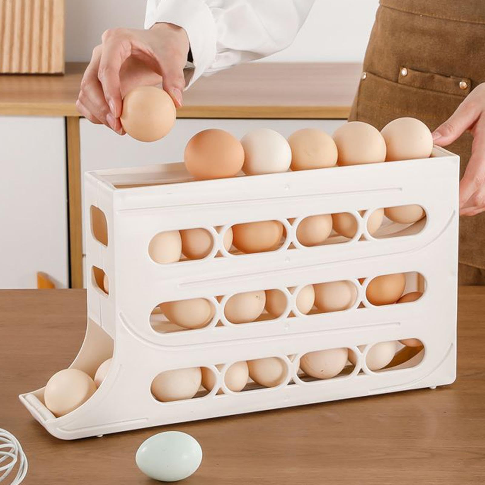 4 lagen rollende eierhouder, automatische rollende eierorganisator, draagbare eiercontainer met grote capaciteit, ruimtebesparende eierlade voor koelkast aanrechtkast (geel