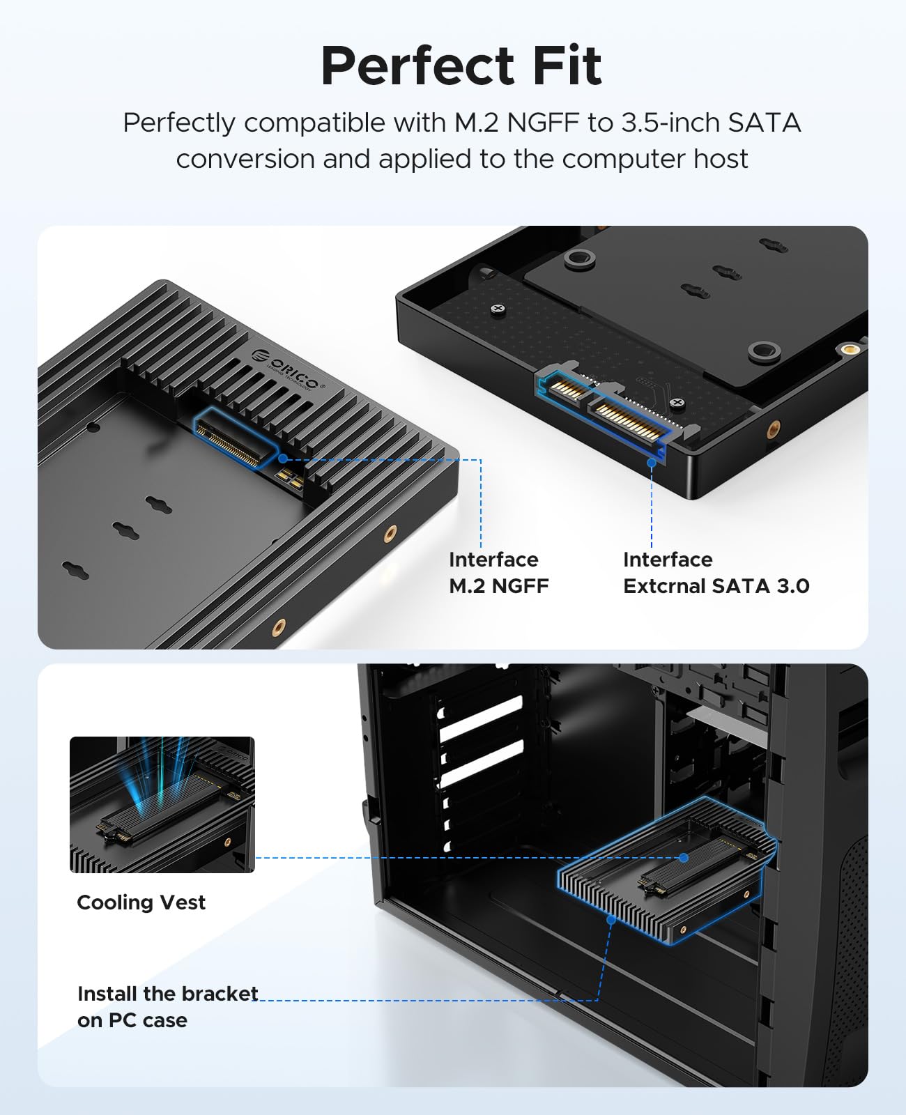 ORICO Adaptateur de Disque Dur M.2 NGFF vers 3,5 Pouces SATA, Cadre de Montage convertisseur pour M.2 SATA SSD B+M Key dans 2230/ 2242/ 2260/ 2280 (D2NS)
