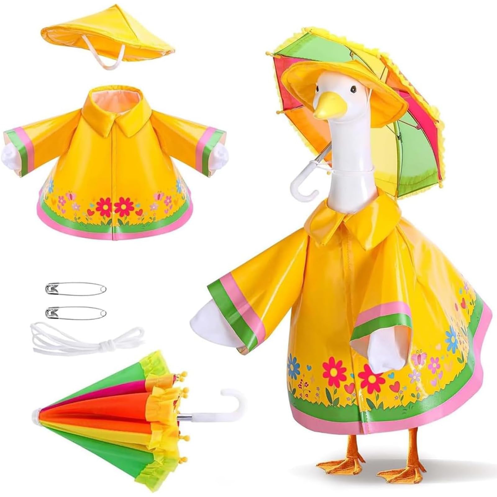 3Pcs Raincoat Porch Goose Outfits with Umbrella Hat, Yard Goose Clothes Raincoats Fits 23" Lawn Geese Statues, Bright Spring Summer Garden Decoration for Yard, Patio, Balcony