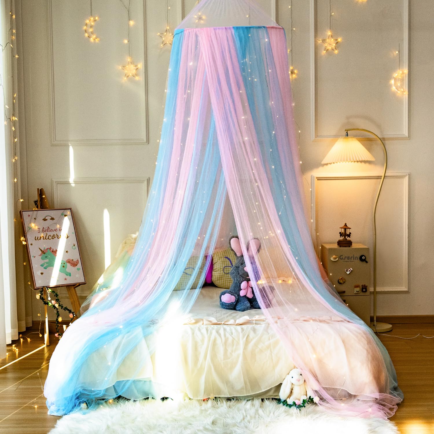 Wnqou Pink Blue Bed Canopy with Warm Fairy Lights for Girls Bed Net,Princess Canopy for Kids Bed Room Decor (Pink Blue+Lights)
