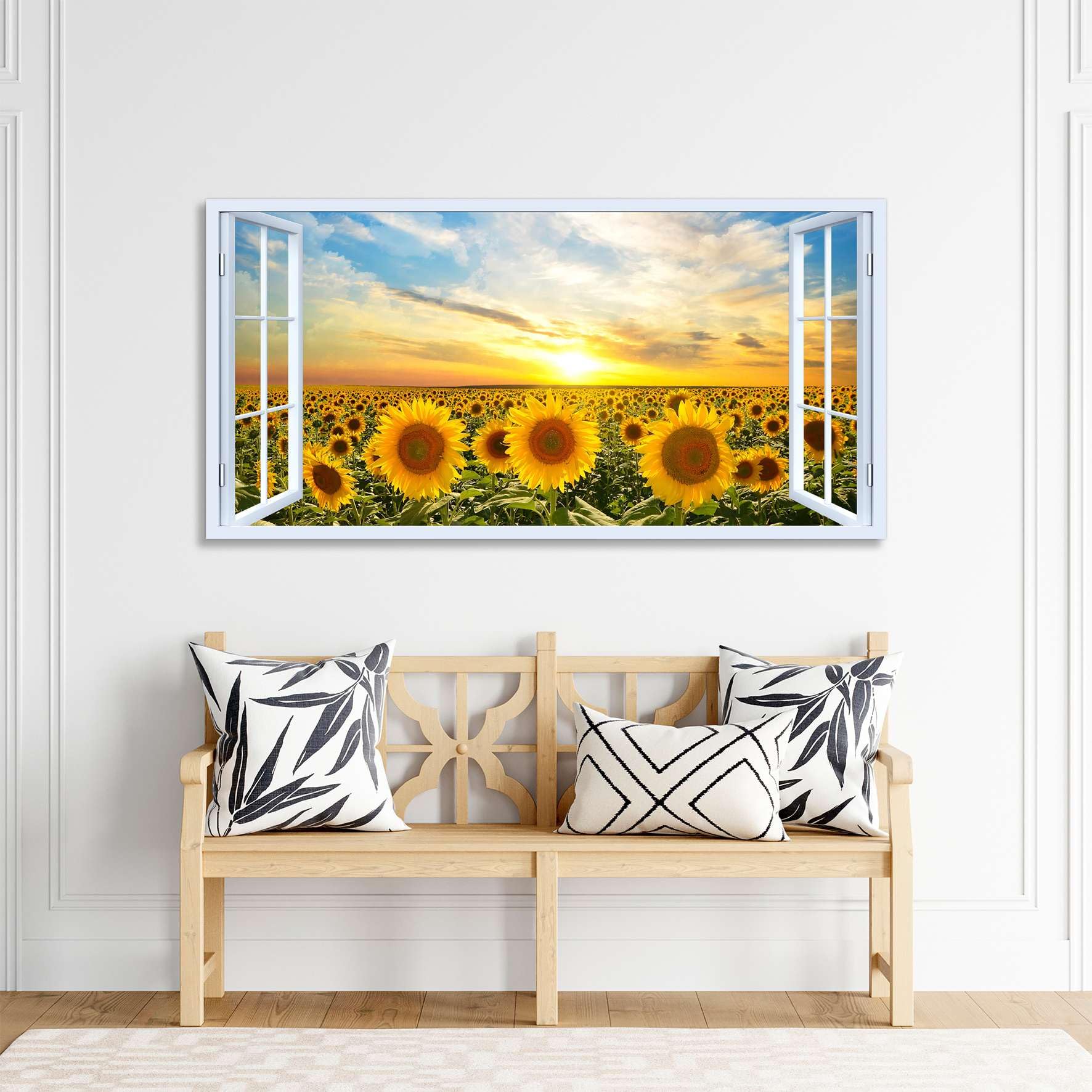 Quadro finestra panorama campo di girasoli tramonto - Stampa su tela con telaio in legno - 120x60 cm
