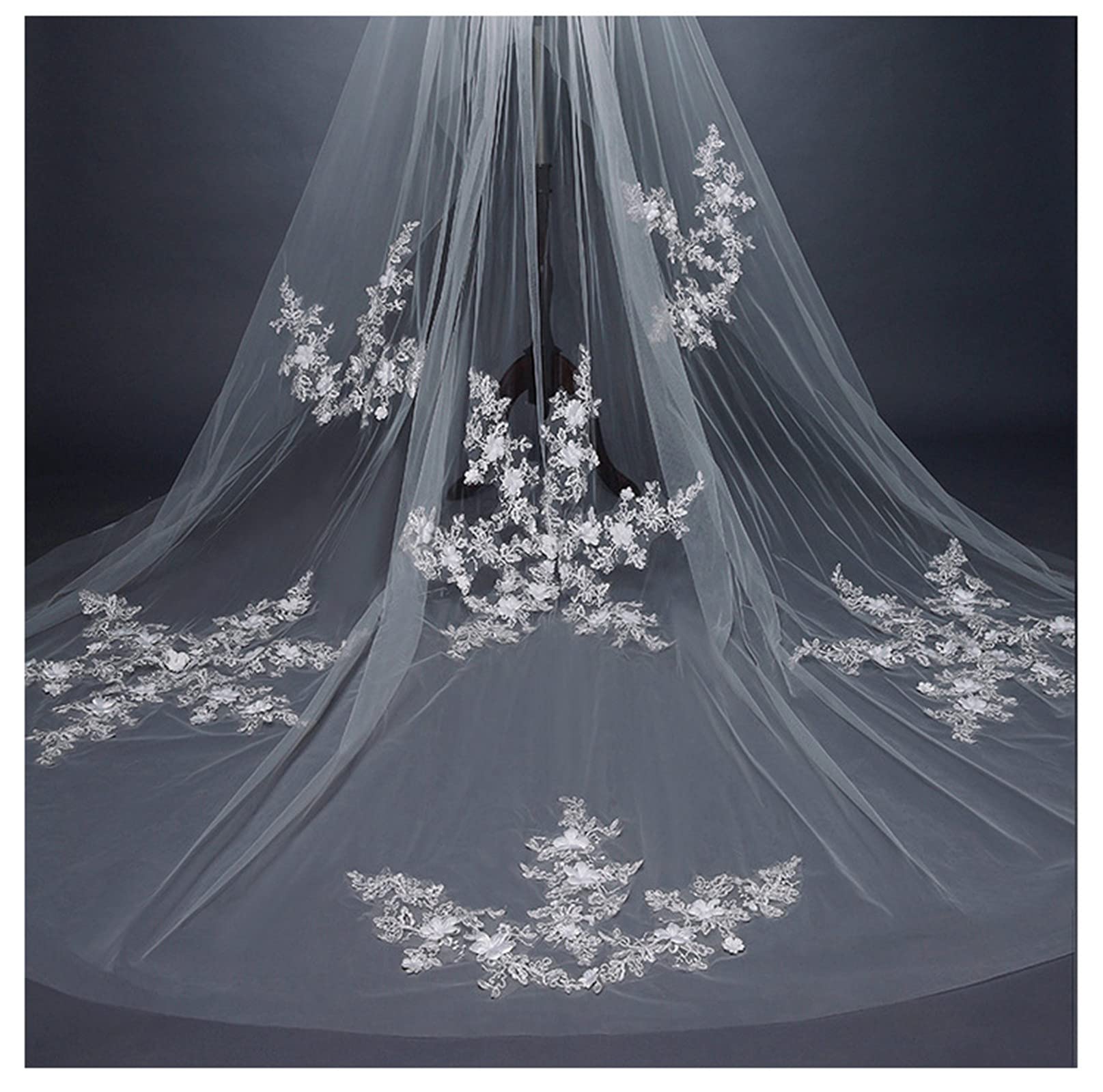 Velo Sposa Che Trascina Lungo Doppio Strato Veli da Sposa Fiore 3D Bordo Pizzo Applique Marry Chapel Accessori per Capelli Elegante Morbido Tulle con Pettine