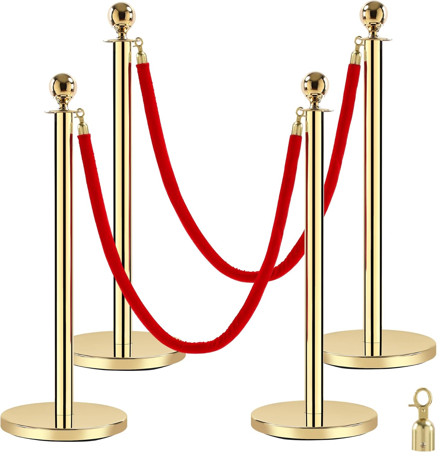 Cuerdas y postes de alfombra roja, cuerdas de terciopelo rojo de 5 pies, 4 barreras de control de multitudes, postes dorados de acero inoxidable de