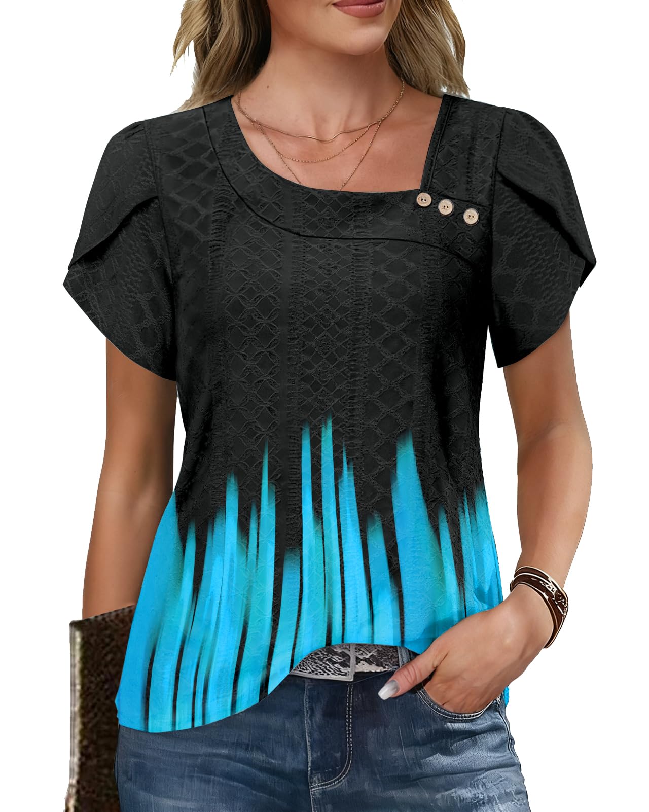 RIROW Women Summer Tops Asymmetric Neck Button Tunic Blouses Dressy 2026 Trendy Casual Loose Fit Ladies Baisic Tees