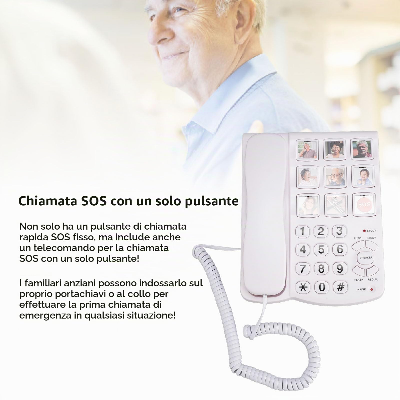 Telefoni Fissi per Casa, Telefono con Pulsanti Grandi per Anziani, Telefono con Filo con Telecomando One Touch per Composizione SOS, Qualità Audio HD Vivavoce, Suoneria Extra