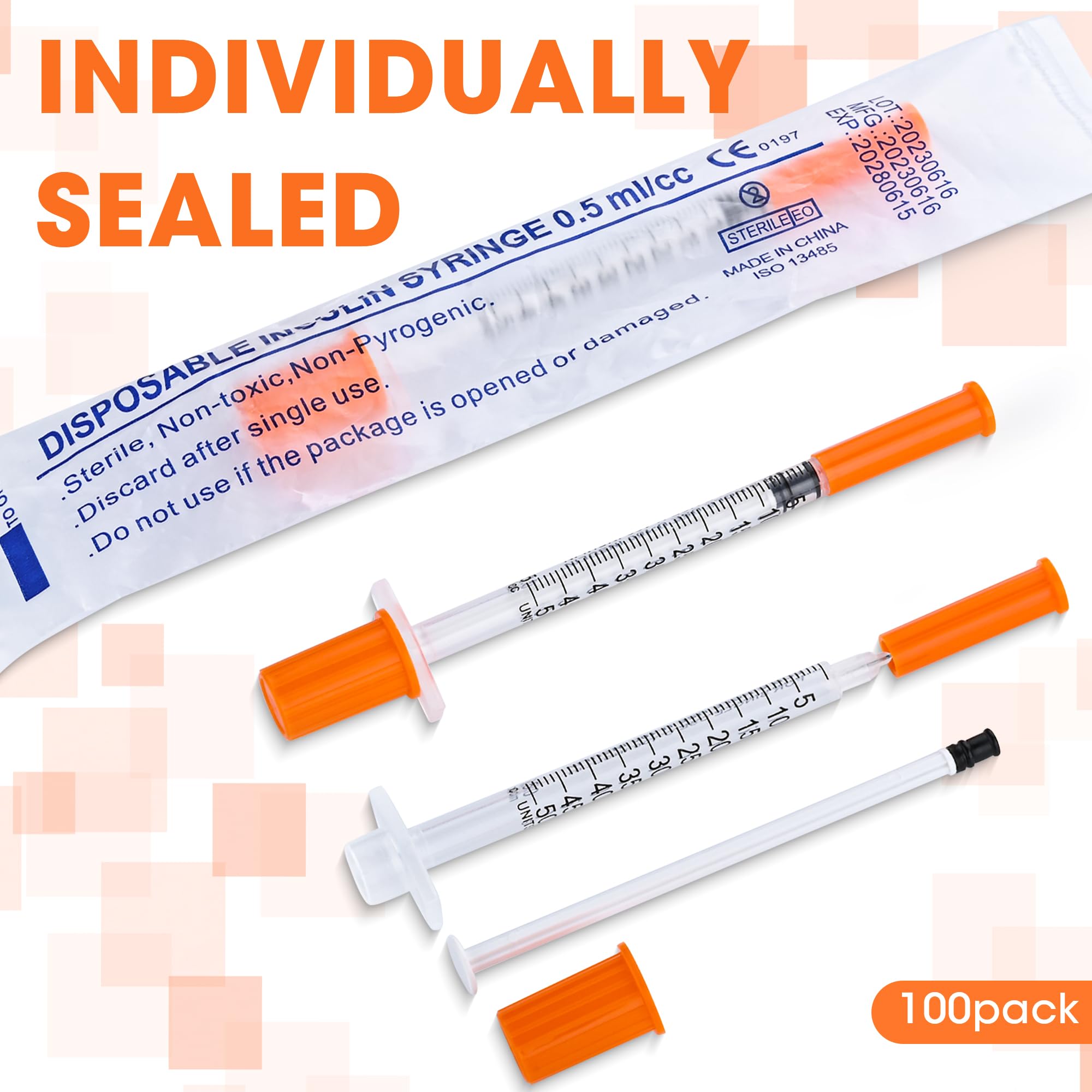 100 Pack 0.5ml Disposable Syringes with 31G 5/16" (8mm) Fixed Needle - U-100 Precise Scale, Low Dead Space, Individually Wrapped — Amazon image 6