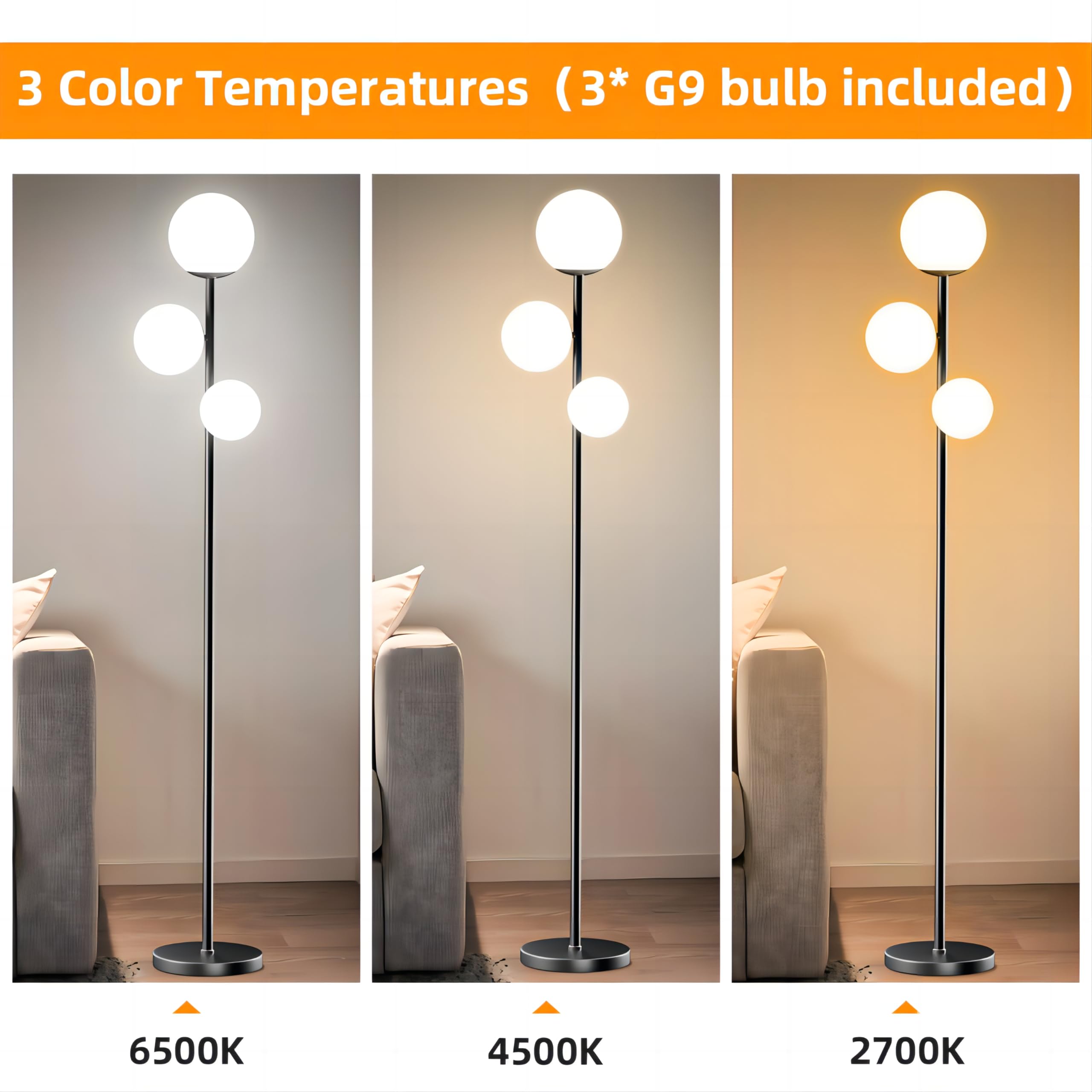 Lámpara de Pie 18W Moderna 3 Temperaturas de Color 3 Bombillas G9 3 Pantallas Alta con Interruptor
