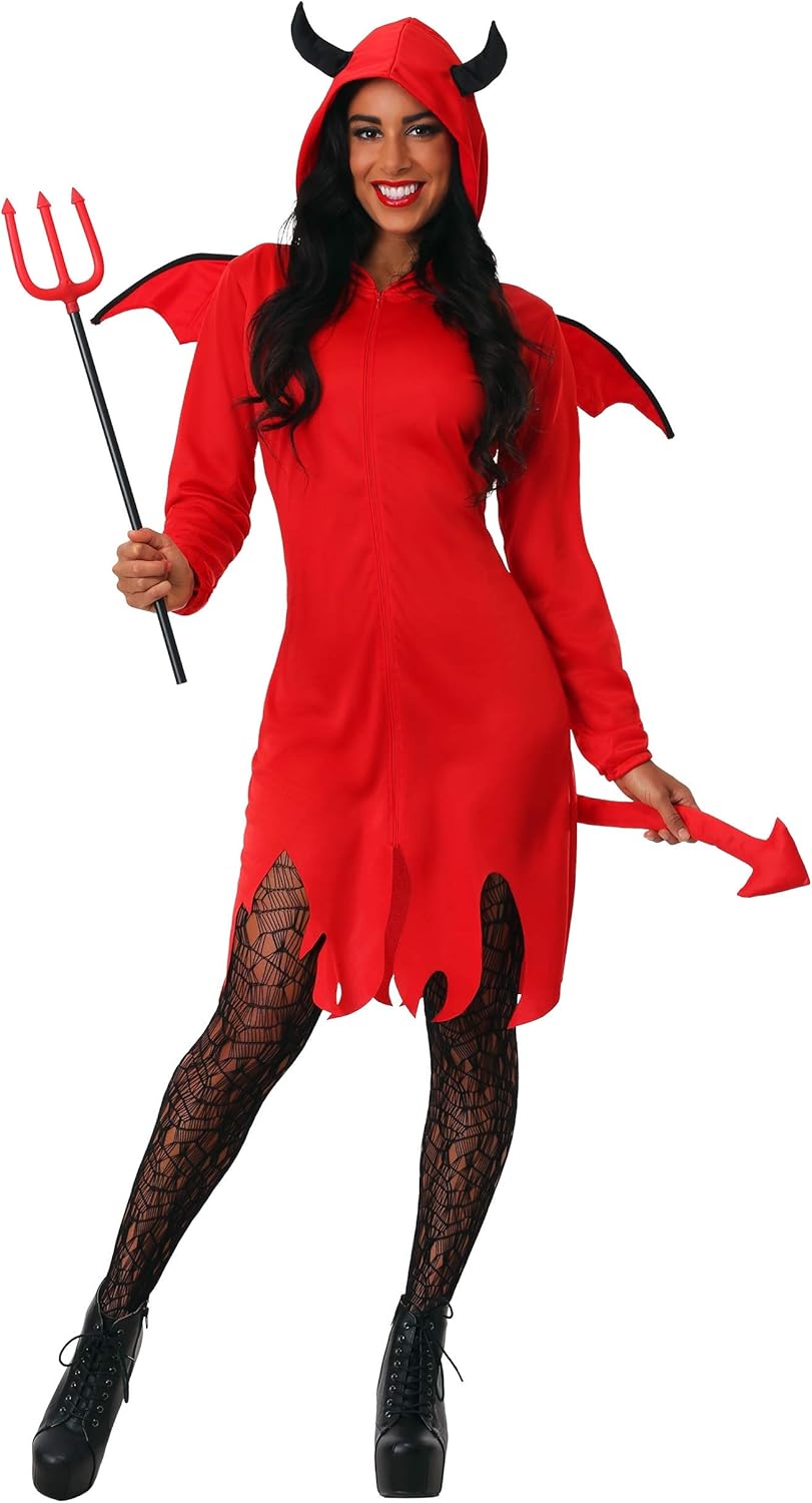 Cute Devil Costume for Women - Hooded Dress with Horns, Tail, and Wings - Image 2