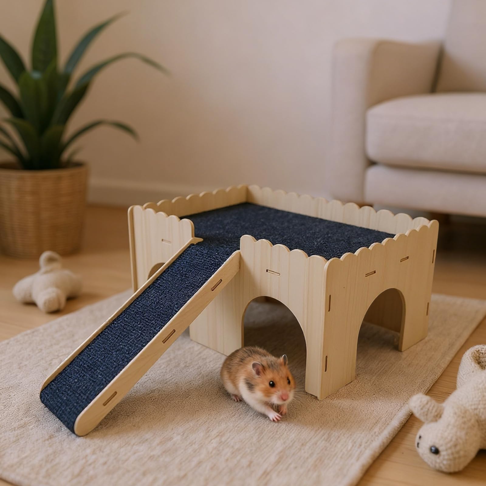 Meerschweinchenhaus aus Holz mit Rampe, 38 x 24 x 18 cm im Schloss, inklusive sicherem Kauen, grauer Stoff, einfache Montage