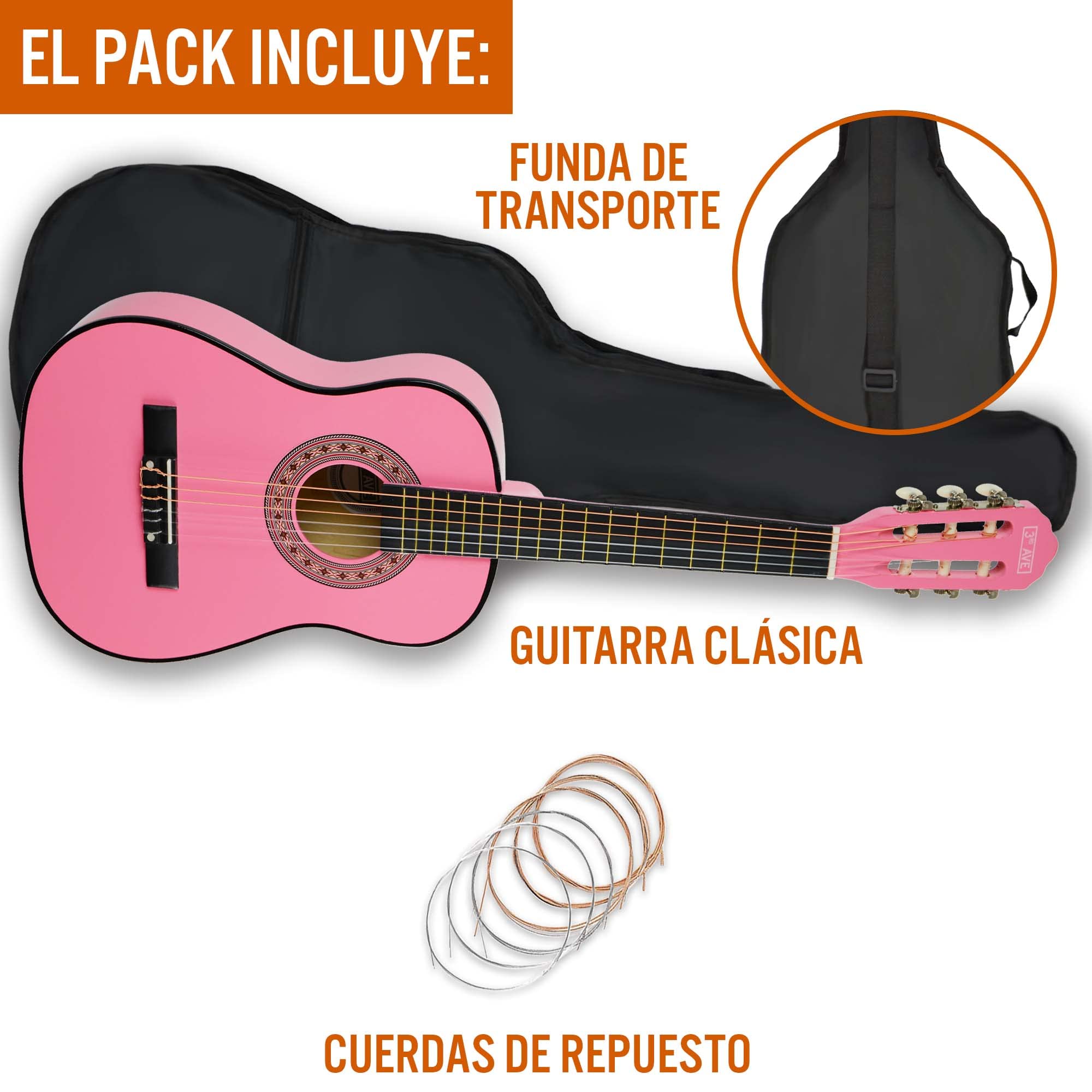 3rd Avenue Paquete Para Principiantes Con Cuerdas De Nailon Español Para Guitarra Clásica Para Niños De, Tamaño 1/2, 6 Meses De Lecciones Gratis, Bolsa Y Cuerdas, Color Rosa