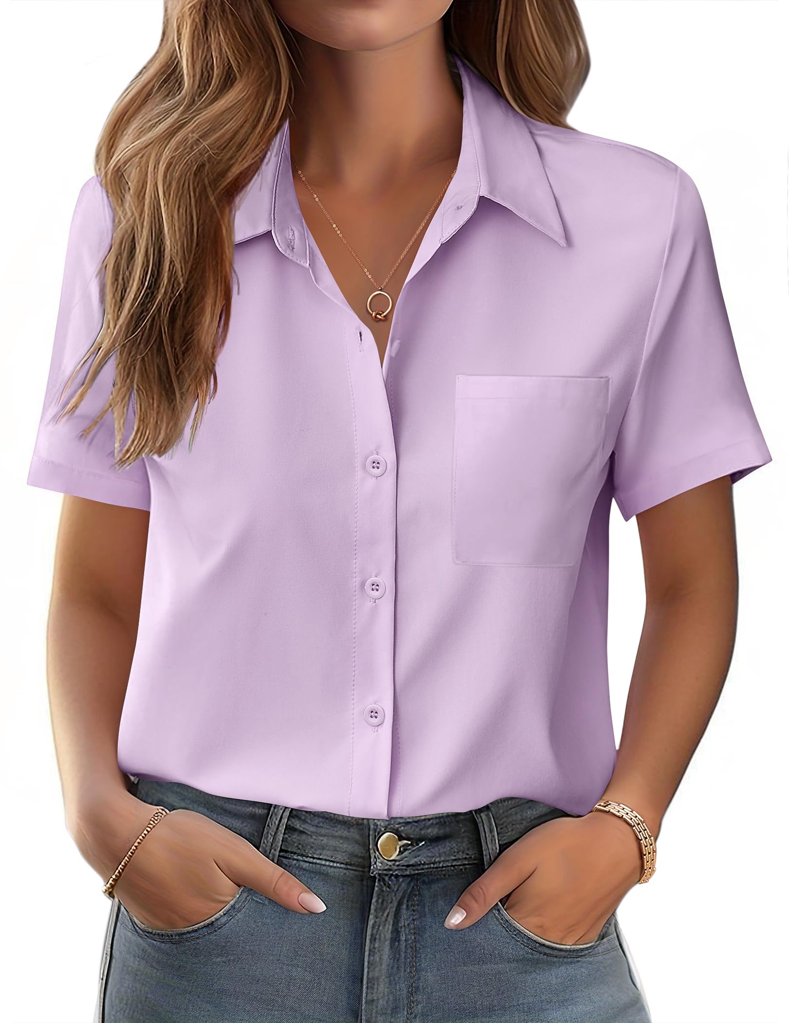 Womens Button Down Shirt Bust Pocket Short Sleeve Blouses Business Casual Work Tops Summer Outfits