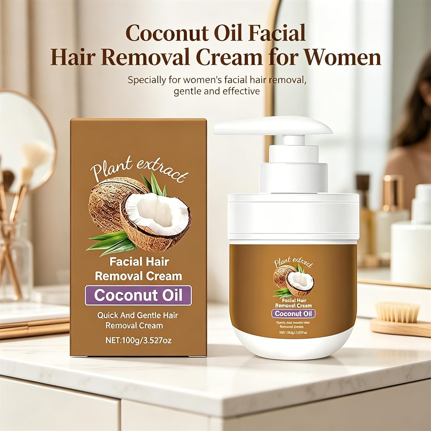 Coconut Hair Removal Cream, Coconut Oil Facial Hair Removal Cream for Women, Plant Extract Coconut Oil Hair Remover, Painless Face Hair Cream for Upper Lip Chin, Suitable for Sensitive Skin (2pcs)