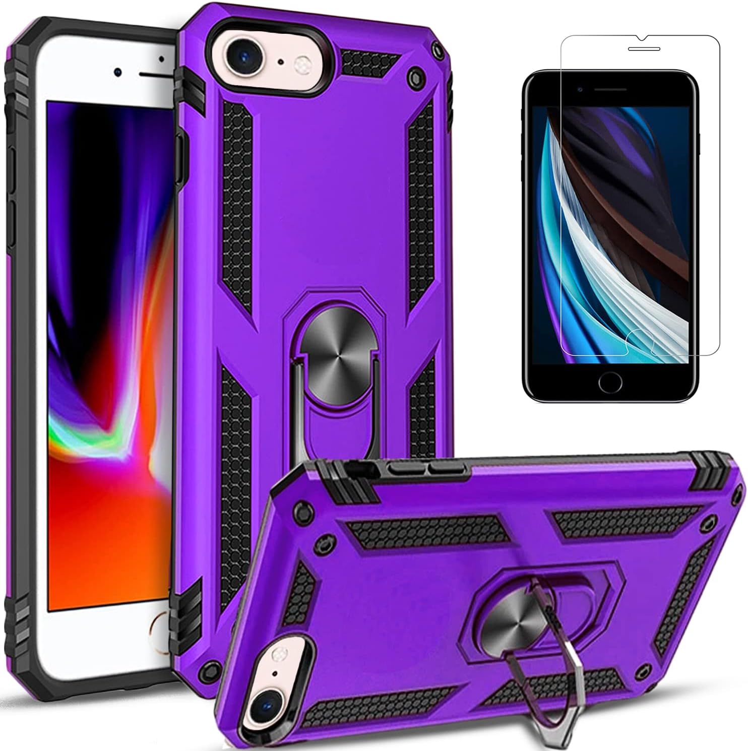 iPod Touch 7th Generation Case, iPod Touch 7/6/5 Case, With [Tempered Glass Screen Protector Included] STARSHOP Military Grade Shockproof Cover With Rotating Ring Holder Kickstand- Purple