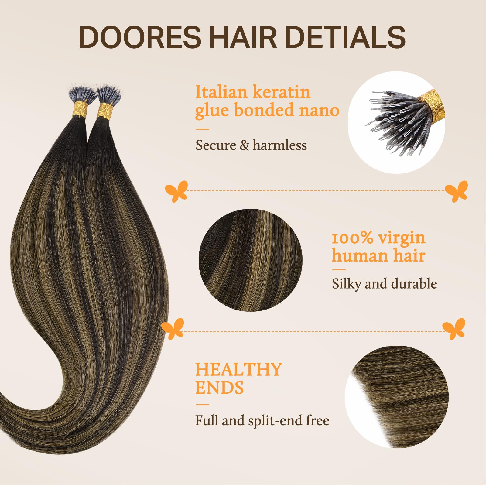 DOORES Nano Ring Hair Extensions, 16 Inch 50g 100s Balayage Dark Brown to Chestnut Brown - Image 3