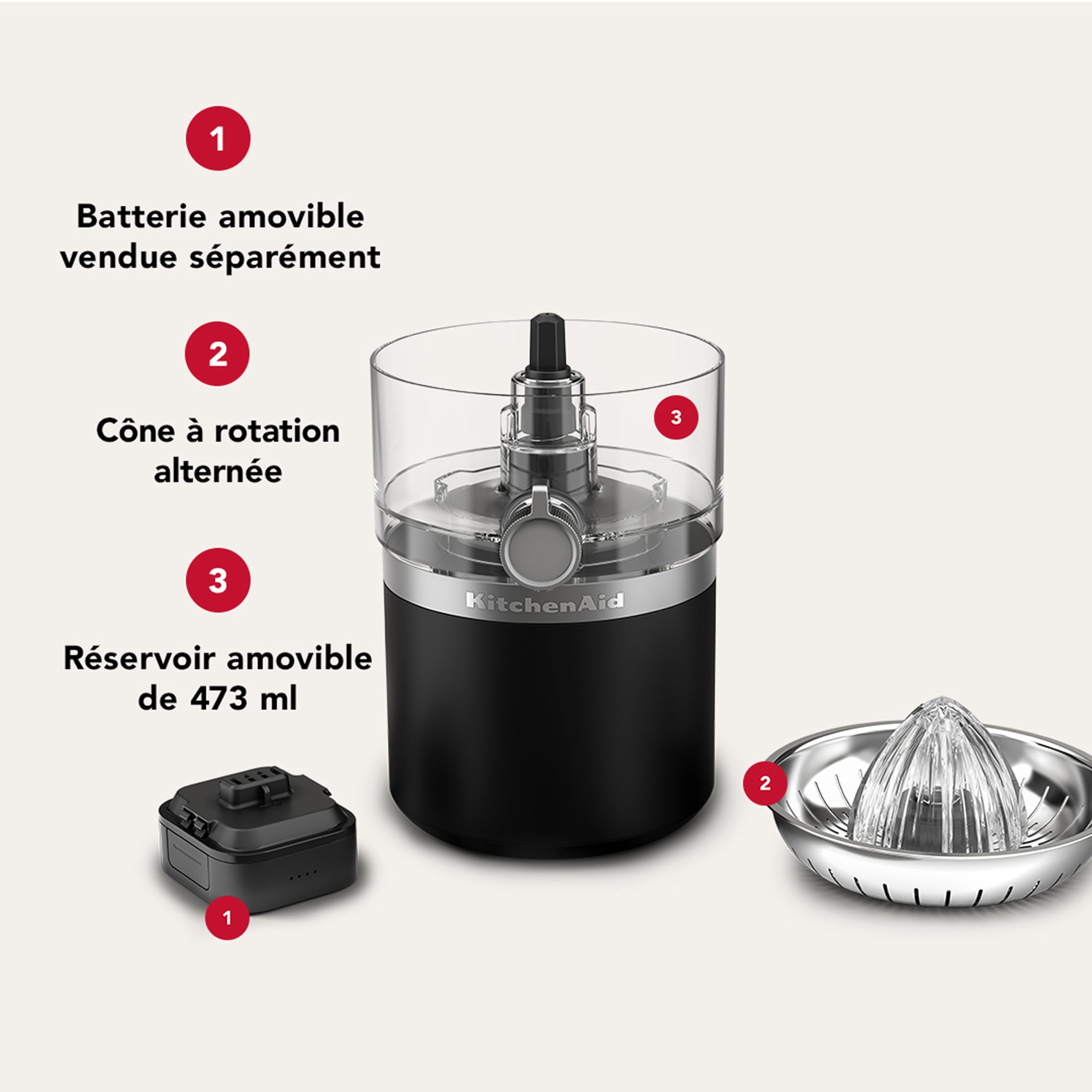 KitchenAid Go Presse-Agrumes Sans Fil, Alésoir Auto-Inversible, Bol 473ml Sans BPA, Lave-Vaisselle, Oranges, Citrons & Limes, Batterie Vendue Séparément, Noir Mat
