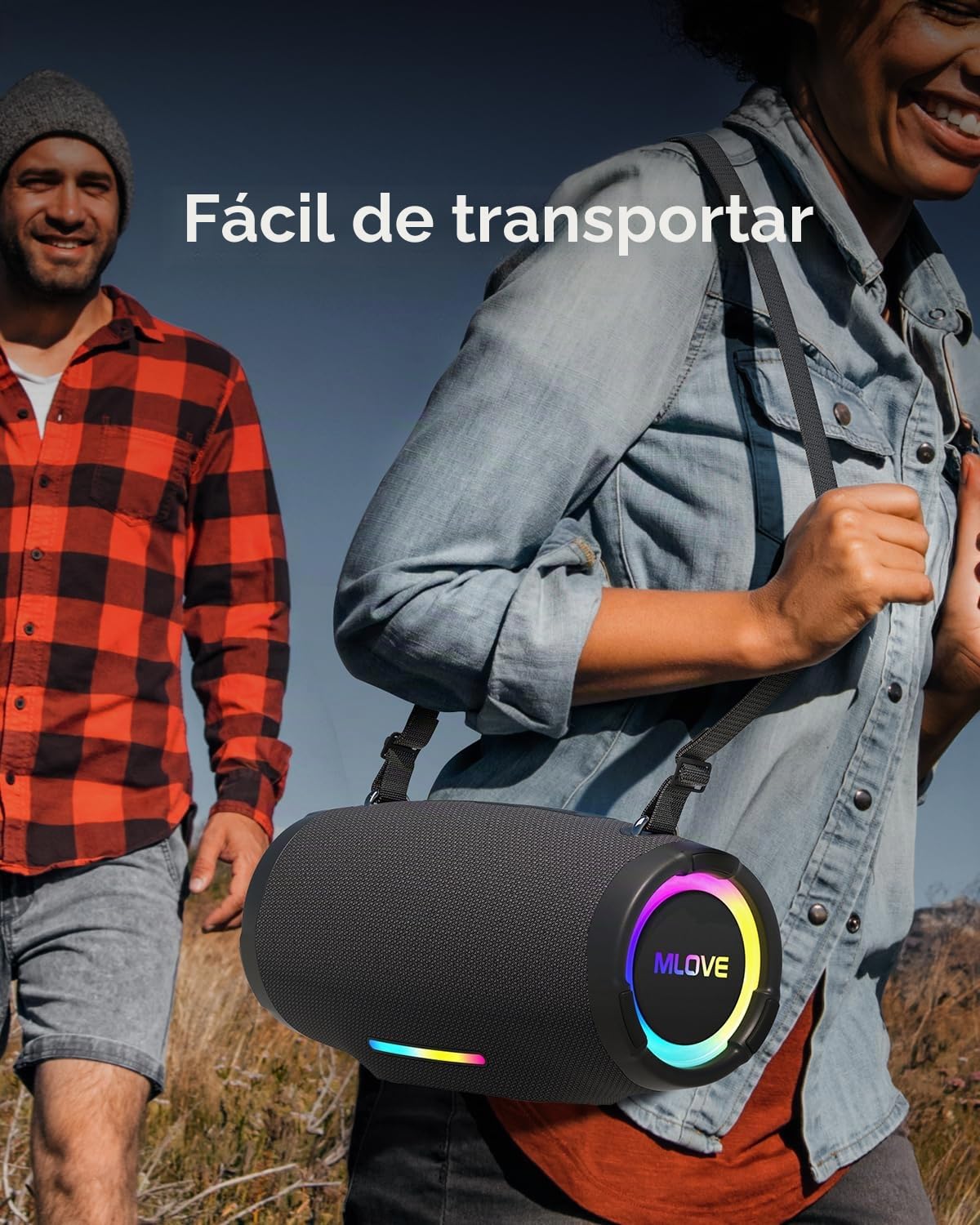 MLOVE E90 Altavoz Portátil Bluetooth Inalámbrico Impermeable RGB LED Luz True Wireless Stereo, Bluetooth 5.4, Micro-SD, Memoria USB, Jack 3,5mm, Carga Type C, Negro