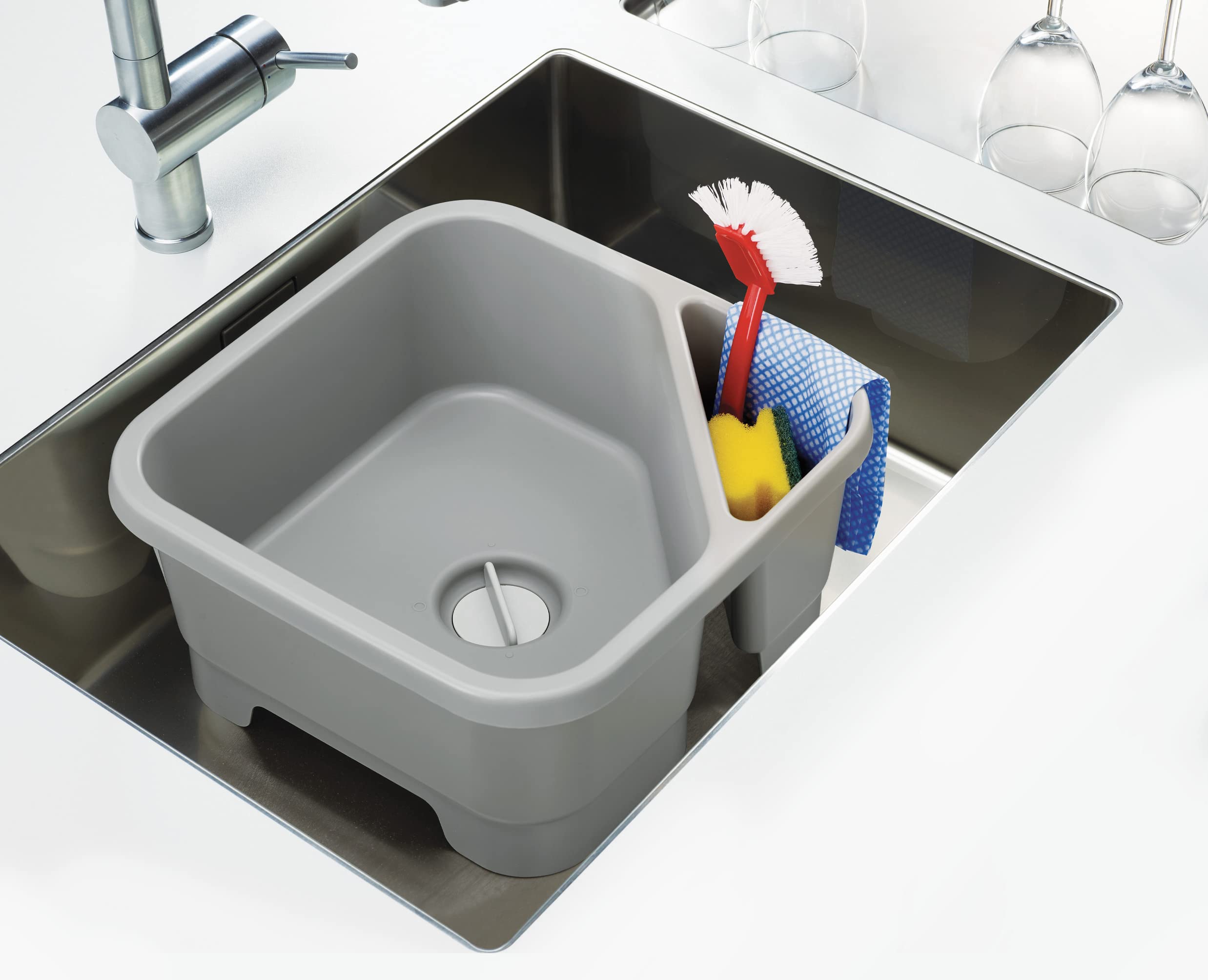 Joseph Joseph Duo Bol à Vaisselle carré pour lavabo de Cuisine avec Compartiment à Couverts, éponges et brosses, Gris