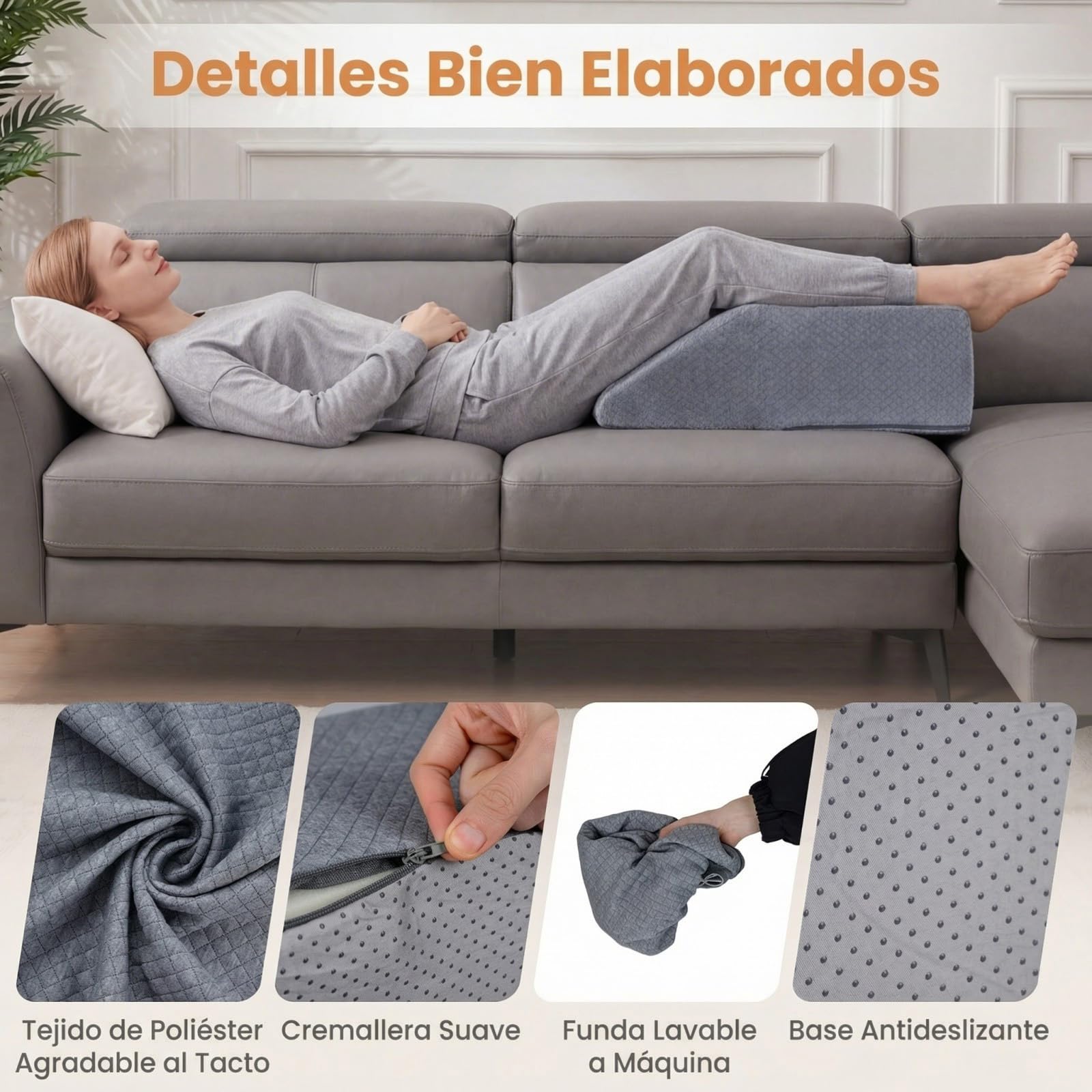 COSTWAY Cojín para Elevar Las Piernas, Almohada de cuña con 4 cm de Memoría de Forma, Revestimiento Transpirable Desmontable, Cuña en Espuma Aliviar Dolores en Las Piernas Caderas Rodillas (Gris)