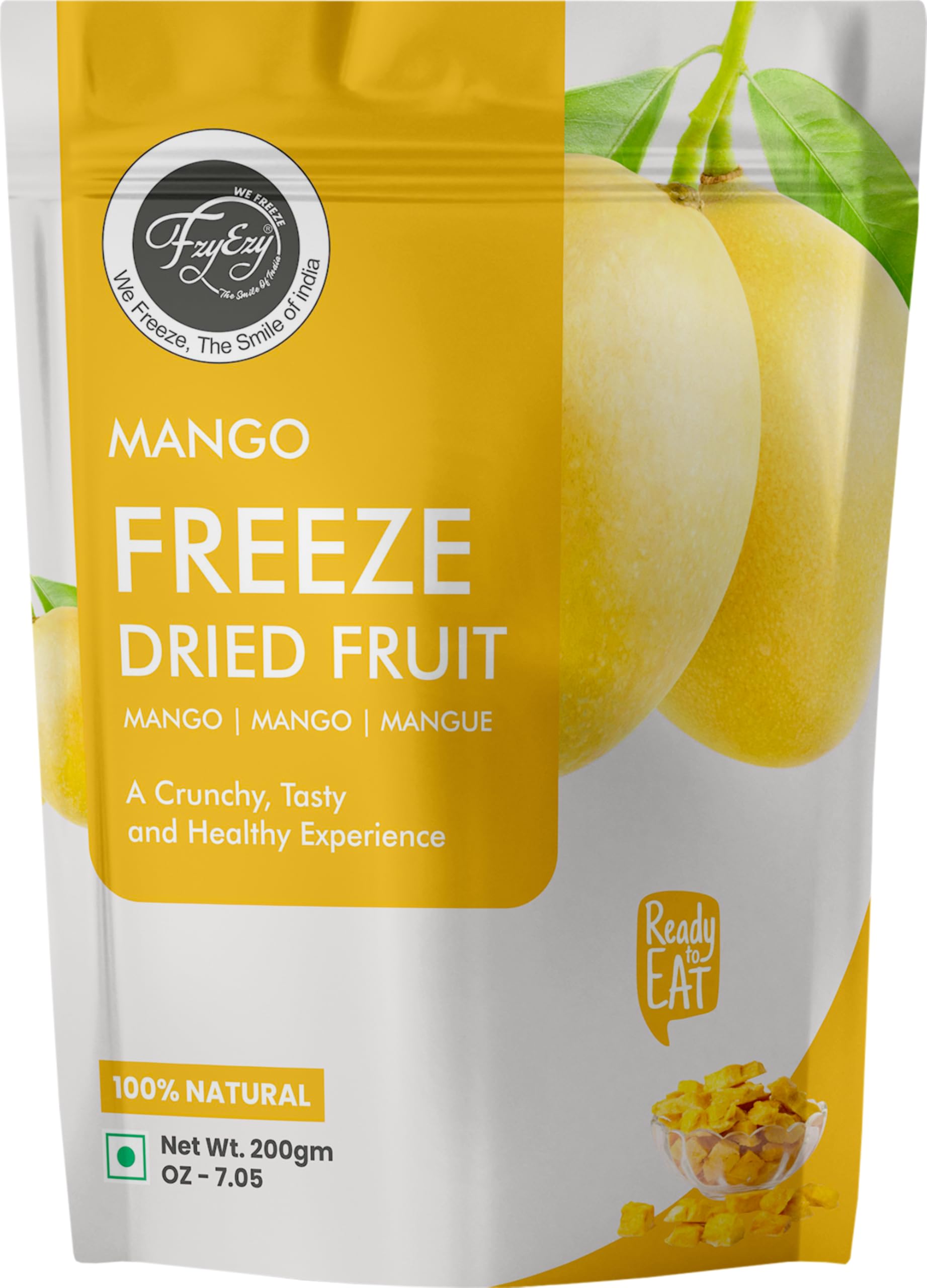 FzyEzy Healthy Premium Freeze-Dried Mango Fruit Chunks | Free GMO & No Add Sugars/Preservatives/Artificial Flavors/Color | High in Dietary Fiber & Antioxidants | Promotes Good Digestive Health | Ideal Slices for Kids & Adults (Mango | 200 gm)