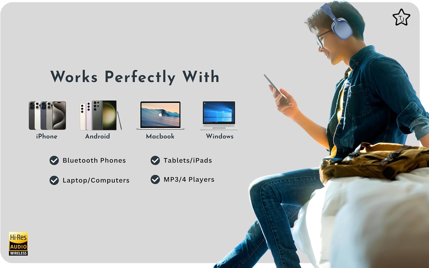 TJ Active Noise Cancelling Bluetooth Over Ear Headphones | Supersoft Leather Wireless Headset Wired Built-in MIC 24H Playtime High Res Audio Travel/Work/School/Students/Running/Gym (Blue) - Image 6