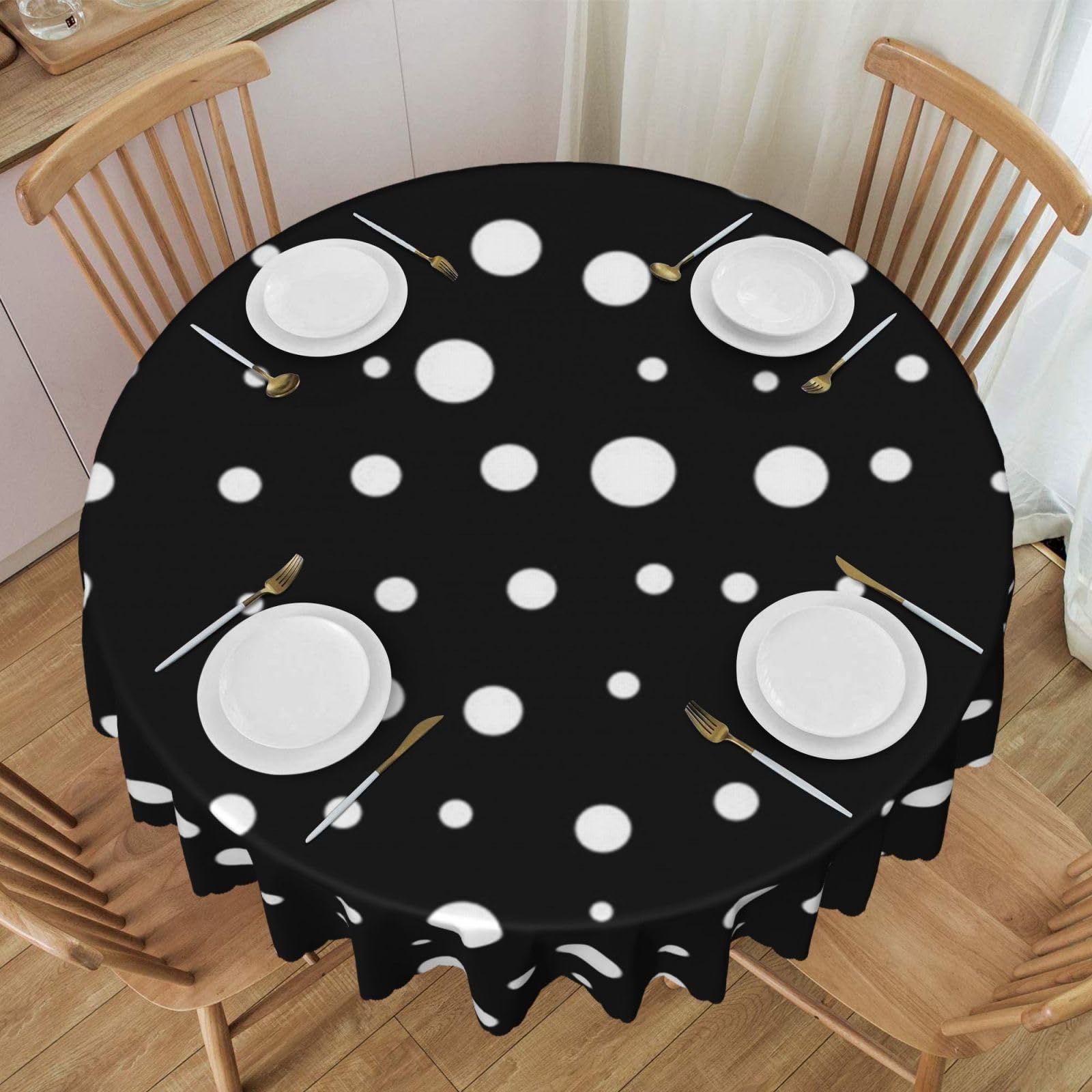 DCEHGEW 60 In Round Tablecloth with Lace, Black & White Big Dot Printed Oilproof & Washable Fabric Picnic Table Cloth Table Covers