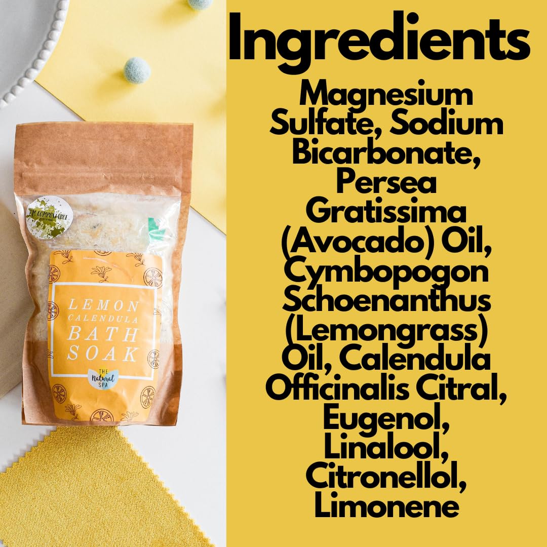 Lemon Calendula Bath Soak, Made with Essential Oils,Natural Avocado Oil and Epsom Salts, Compostable Pouch, 225g - Image 2