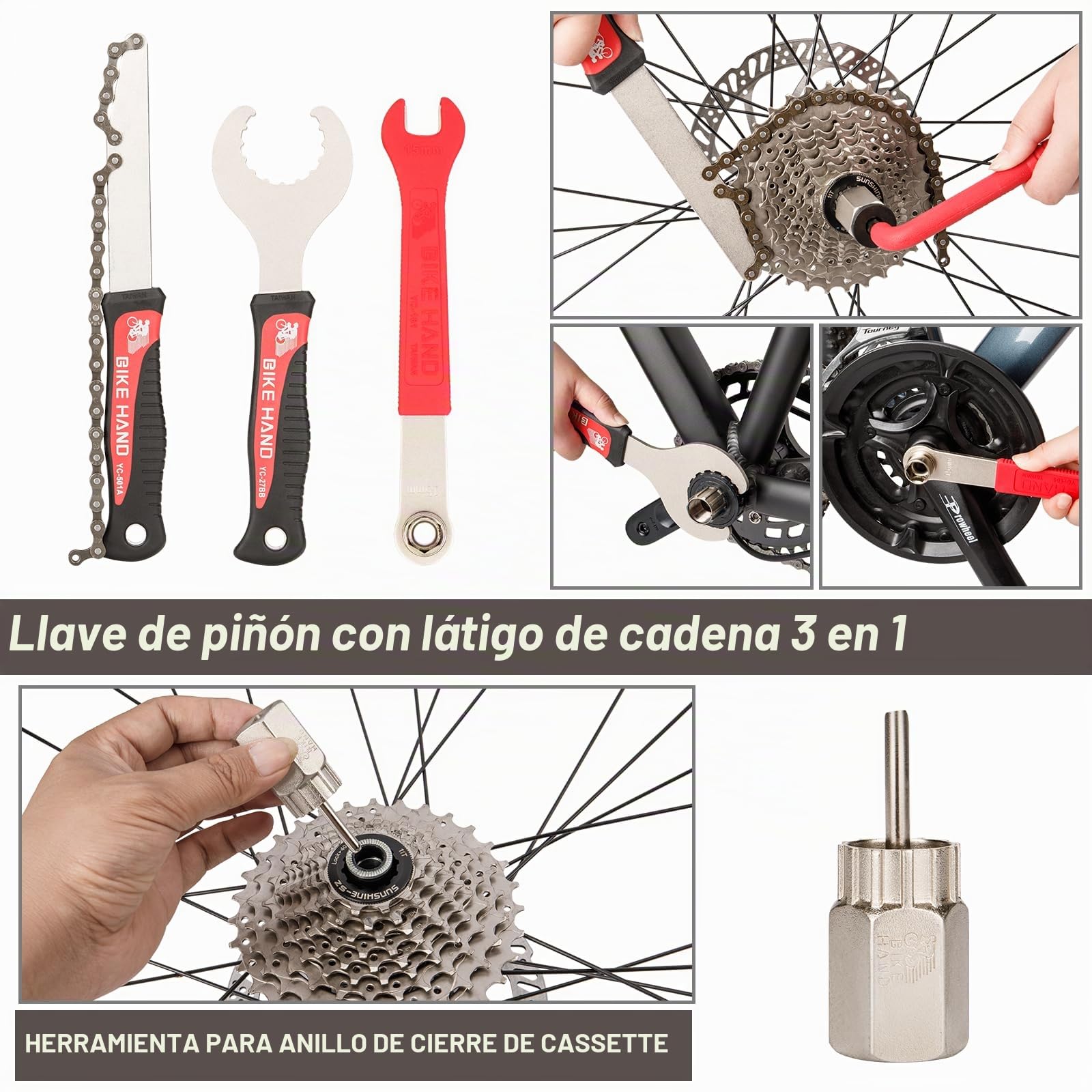 Bike Hand Juego de herramientas para bicicleta, kit de reparación profesional con cadena, llave inglesa y accesorios, color negro y rojo
