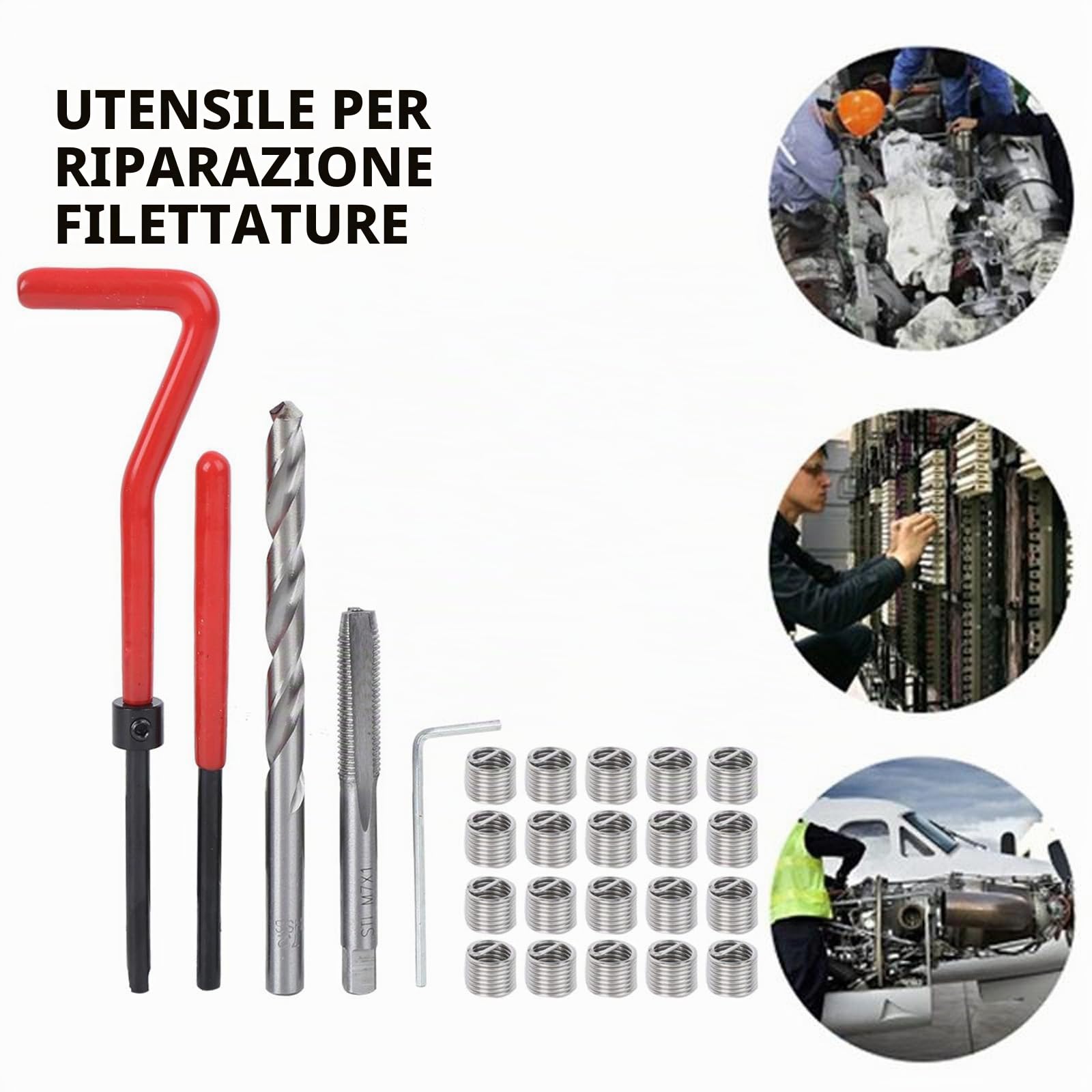 M7 Kit Riparazione Di Filetti, 25pz Kit Inserti Di Riparazione Filettatura Helicoil Kit, Kit Riparazione Filetti Inserto Filettato per Automotive Ripristino Filetti Macchinari Di Lavorazione