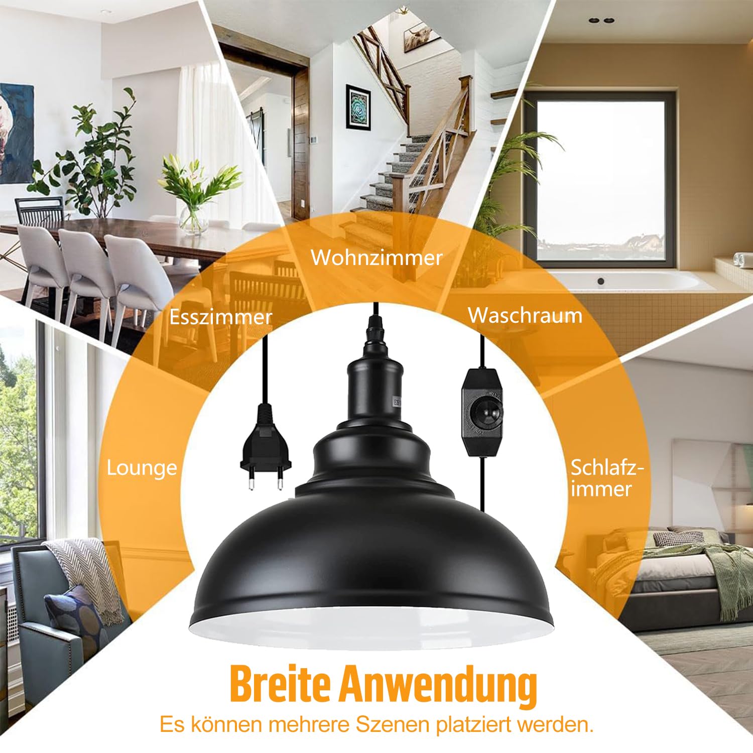 Hängelampe mit Stecker, Dimmbar Vintage Pendelleuchte mit 4.5m Kabel und Dimmer Schalter, E27 Lampefassung Schwarz Metall Hängeleuchte für Outdoor & Innen Küche Garten Balkon Terrasse, Ø 26CM | Kronleuchter mit Kabel 4,5 m und Dimmschalter, Deckenleuchte,
