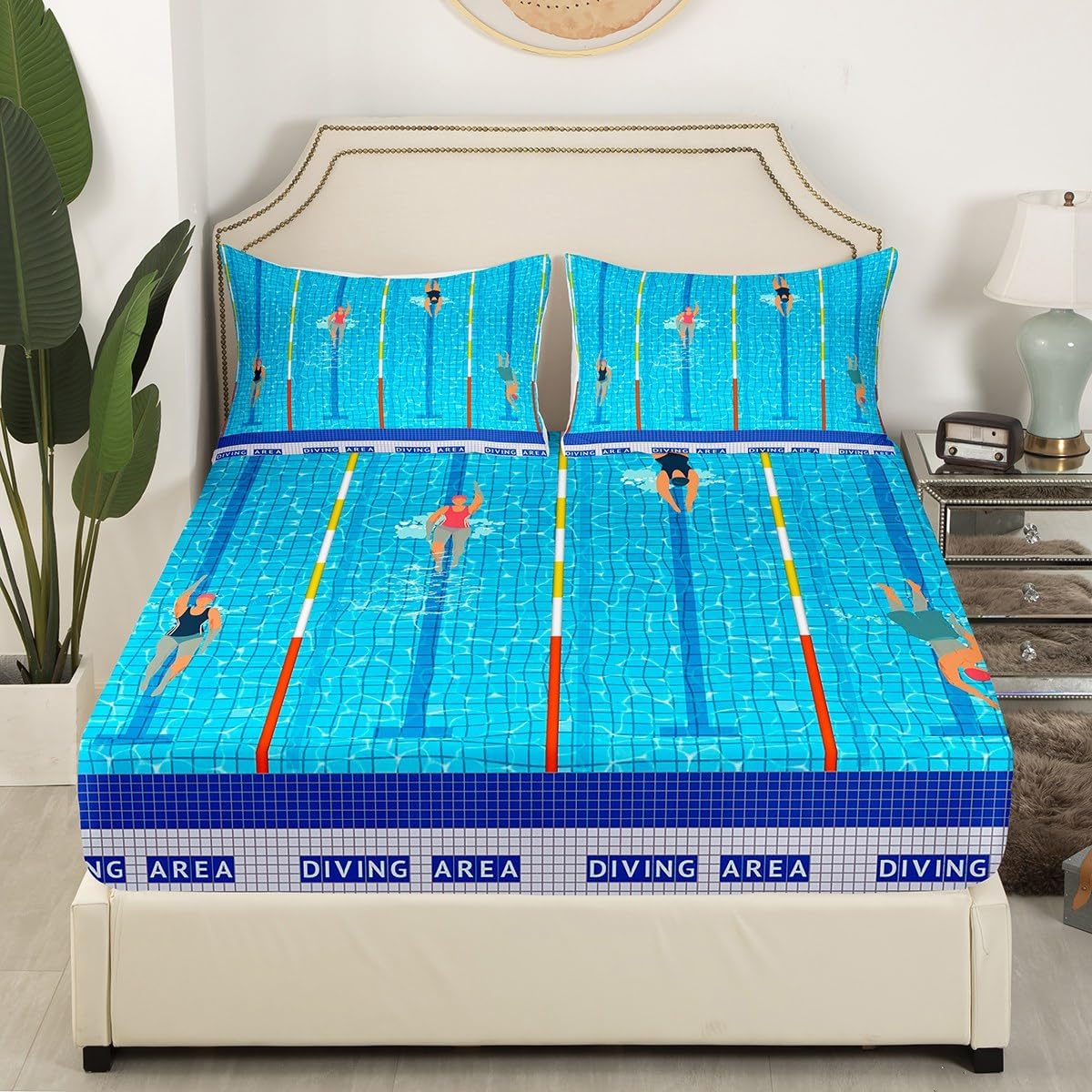Erosebridal Blue Swimming Pool Twin Fitted Sheet for Kids Teens Adult Summer Cool Bed Sheets,Modern Fashion Sport Bed Set Relaxing Leisure Activity Themed Bed Cover Room Decor,Lightweight 2 Piece image 2
