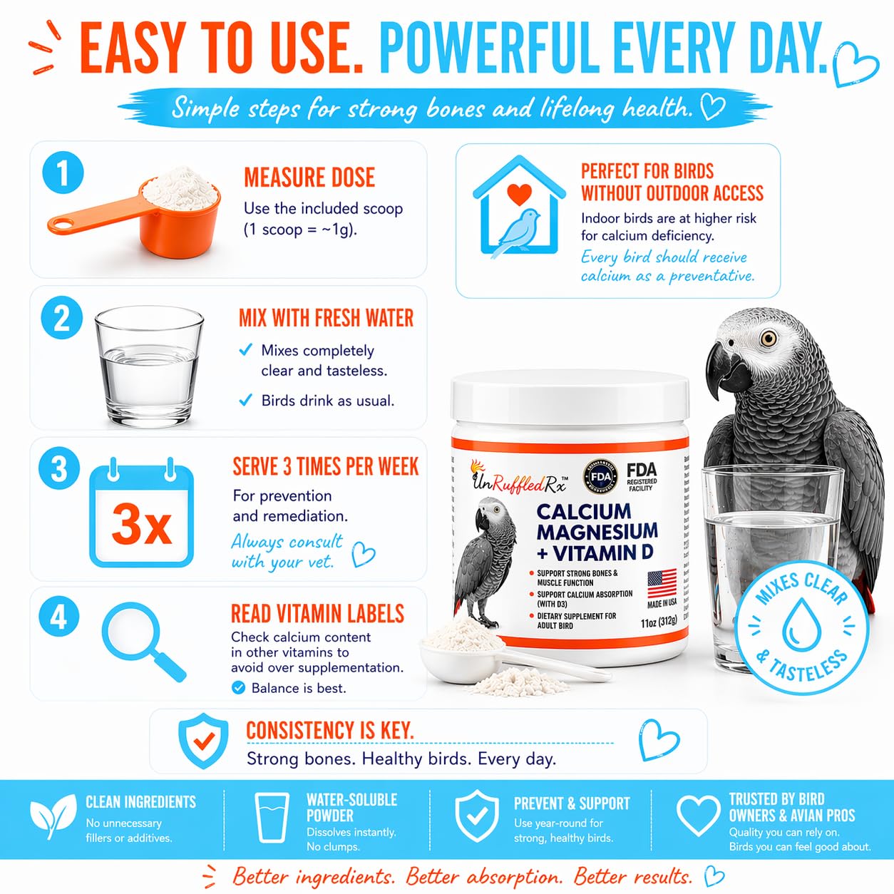 UnRuffledRxTM Bird Calcium Plus with Magnesium and D3 Dissolves Clear and Tasteless in Water Supports Bone Muscle Feather and Egg Health 45 Servings Made in FDA-Registered USA Facility product thumbnail 7