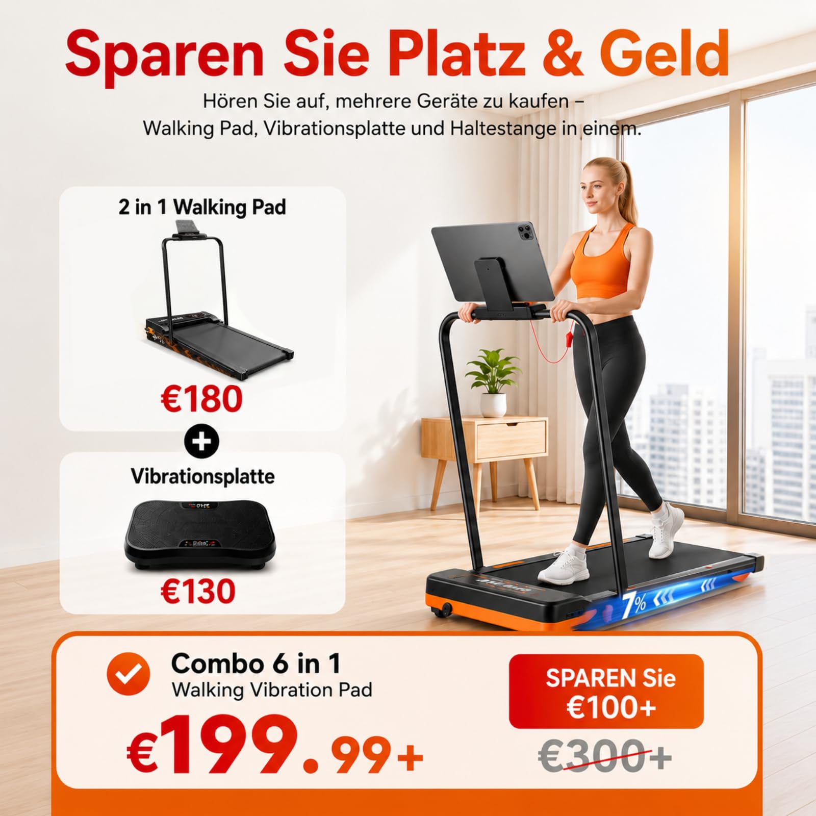 Laufband für Zuhause mit 5 Reha & 5 Vibrationsstufen, 6 in 1 Klappbares Walking Pad, 7% Steigung, 2,5 PS Motor (<40 dB), 1-10km/h Laufband Schreibtisch, Smart App, Fernbedienung, Schwarz