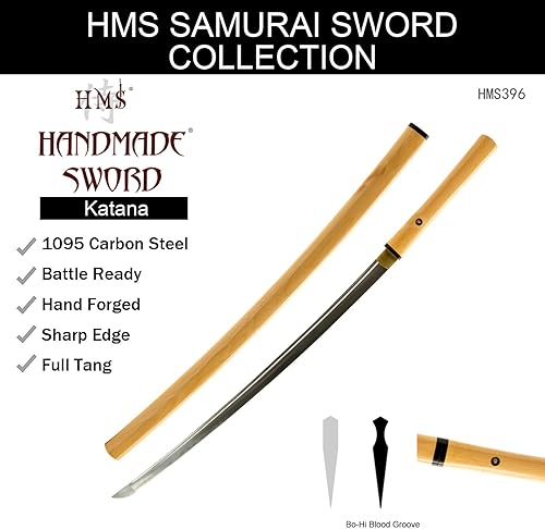 Miniatura 9 de HMS Espada katana samurái japonesa Shirasaya, forjada a mano, acero al carbono 1095, templado con arcilla, espiga completa, afilada (HMS396)