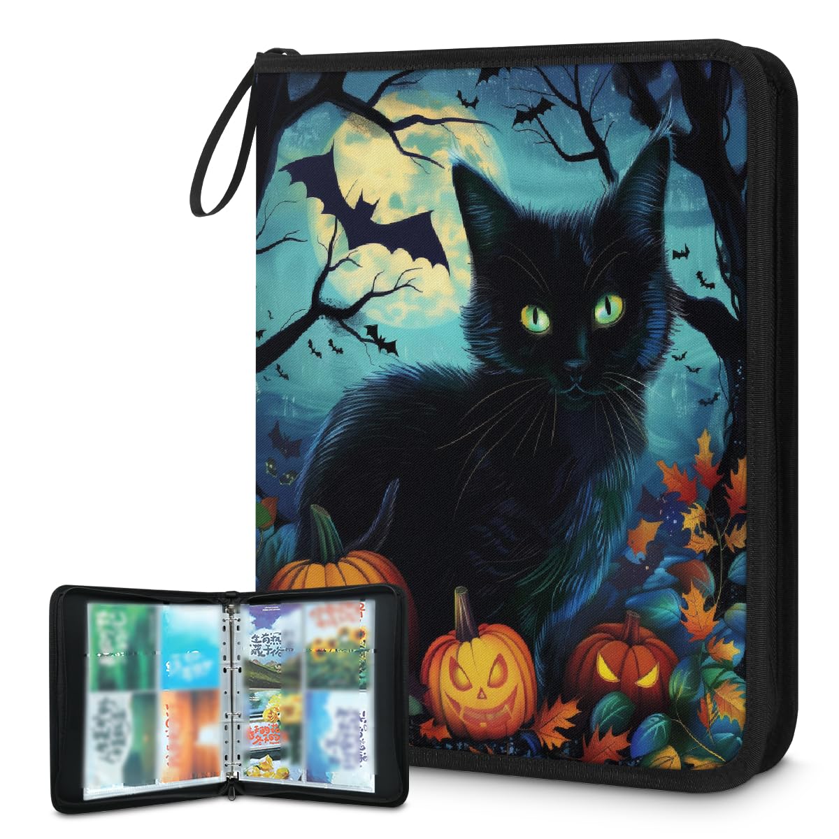 Raccoglitore per carte collezionabili con 4 tasche, motivo gatto nero, per Halloween, con maniche rimovibili, impermeabile, con cerniera, 50 pagine, capacità 400 carte