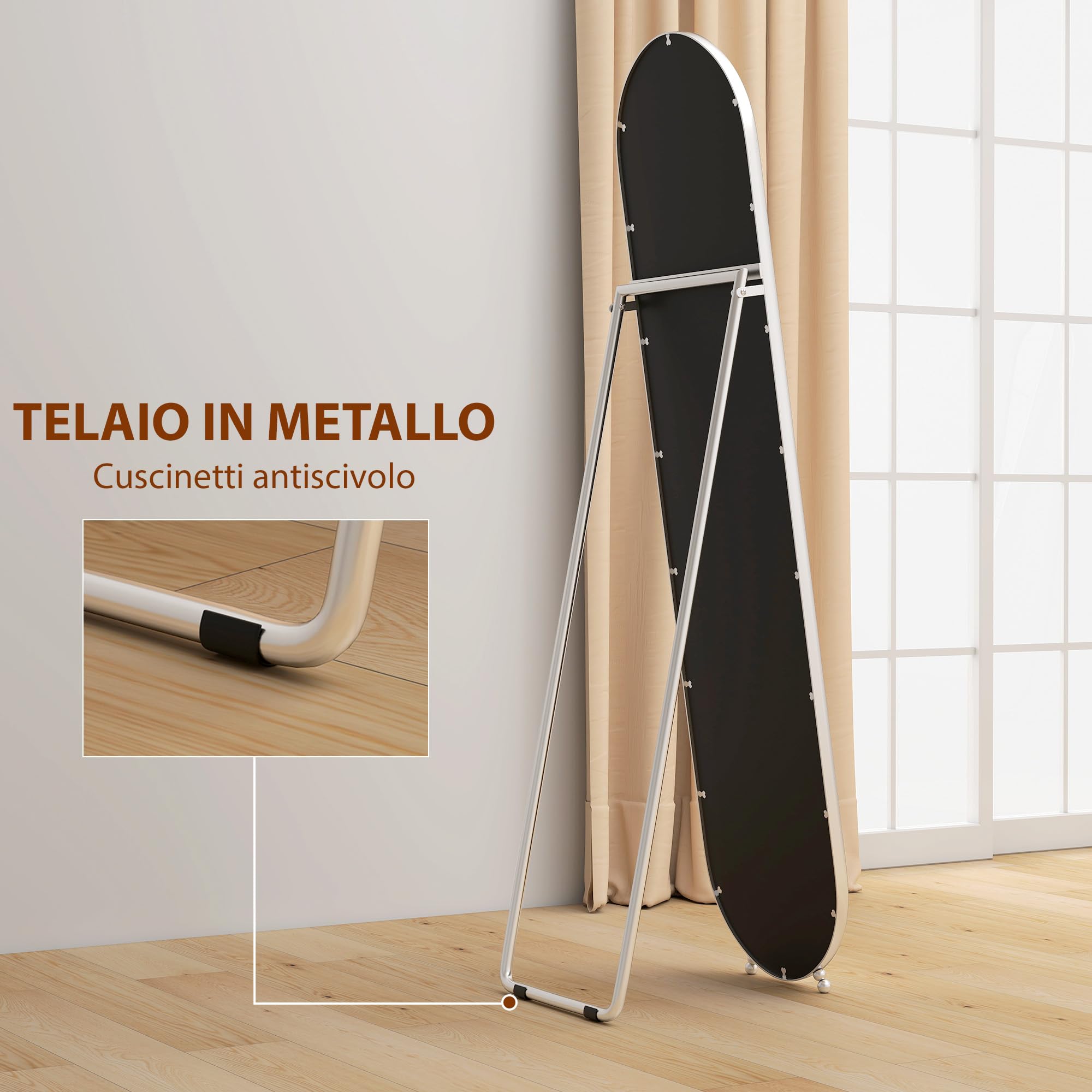 HOMCOM Specchio da Terra Ovale Moderno, 40x160 cm Specchio Autoportante a Figura Intera Antiscoppio con Cornice in Metallo e Supporto, per Camera da Letto, Soggiorno e Ingresso, Argento