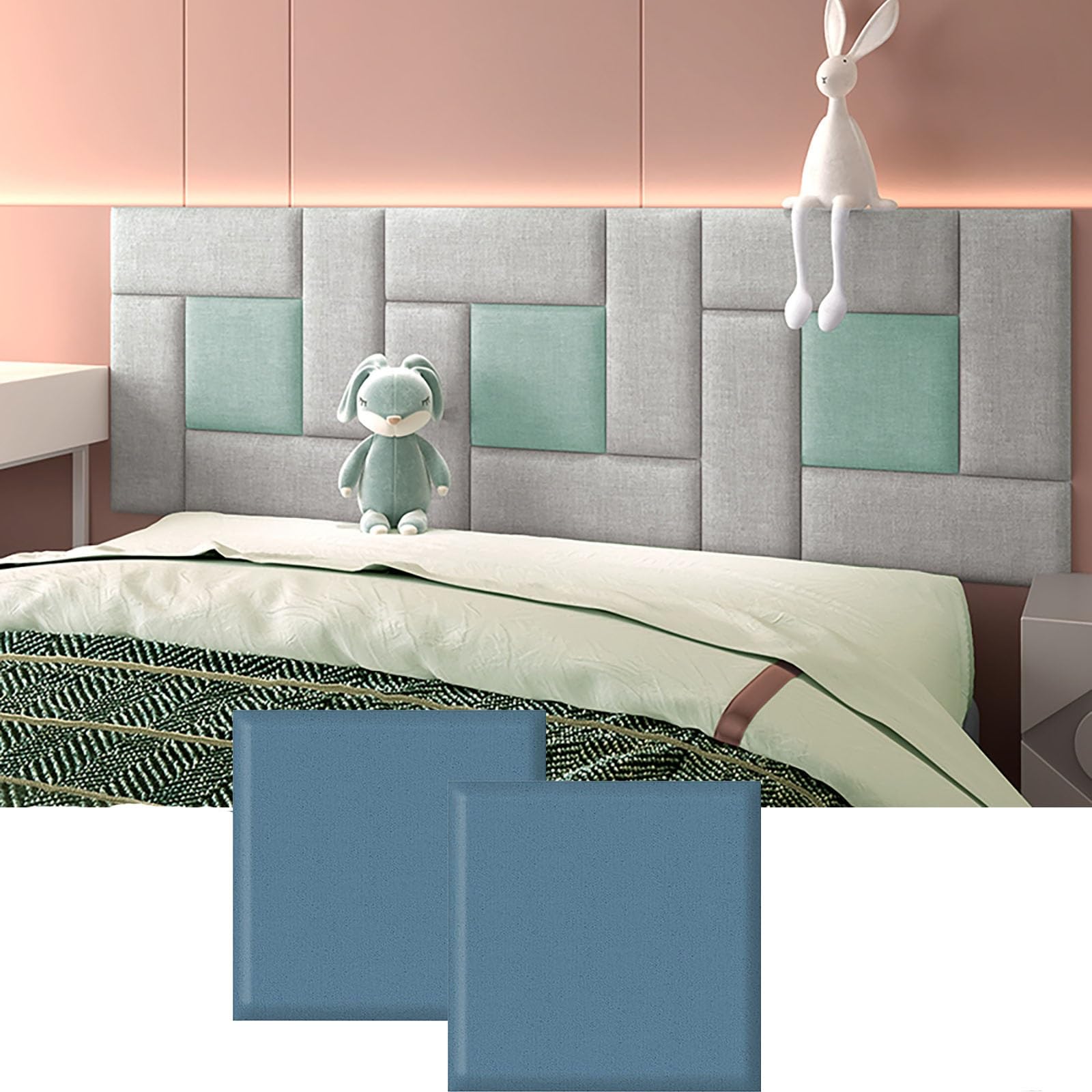 Tapis muraux pour Enfants, 2 Panneaux muraux rembourrés, tête de lit Murale, Coussin Autocollant pour Mur de Fond, Anti-Collision/insonorisation, épaisseur 3,5 cm (Bleu, 30 cm x 30 cm)