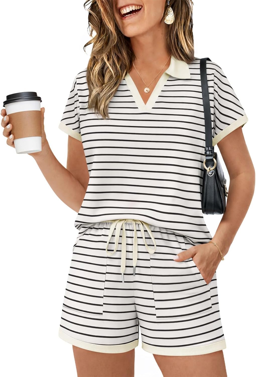 Yousify Womens Lounge Sets Two Piece Sets Summer Polo Shirts and Drawstring Shorts Matching Clothing Vacation Outfits