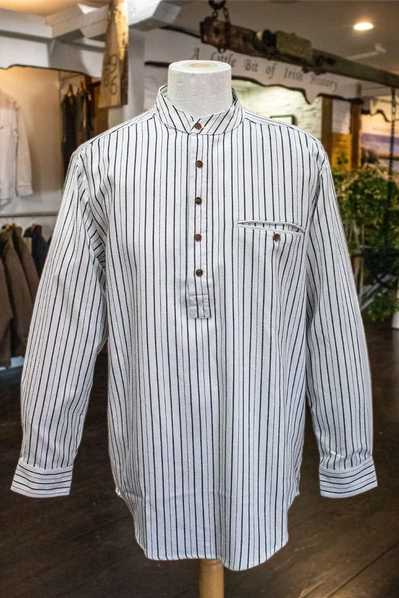 Flannel Cotton Grandfather Shirt LV1 Black Stripe on Ivory (Medium)