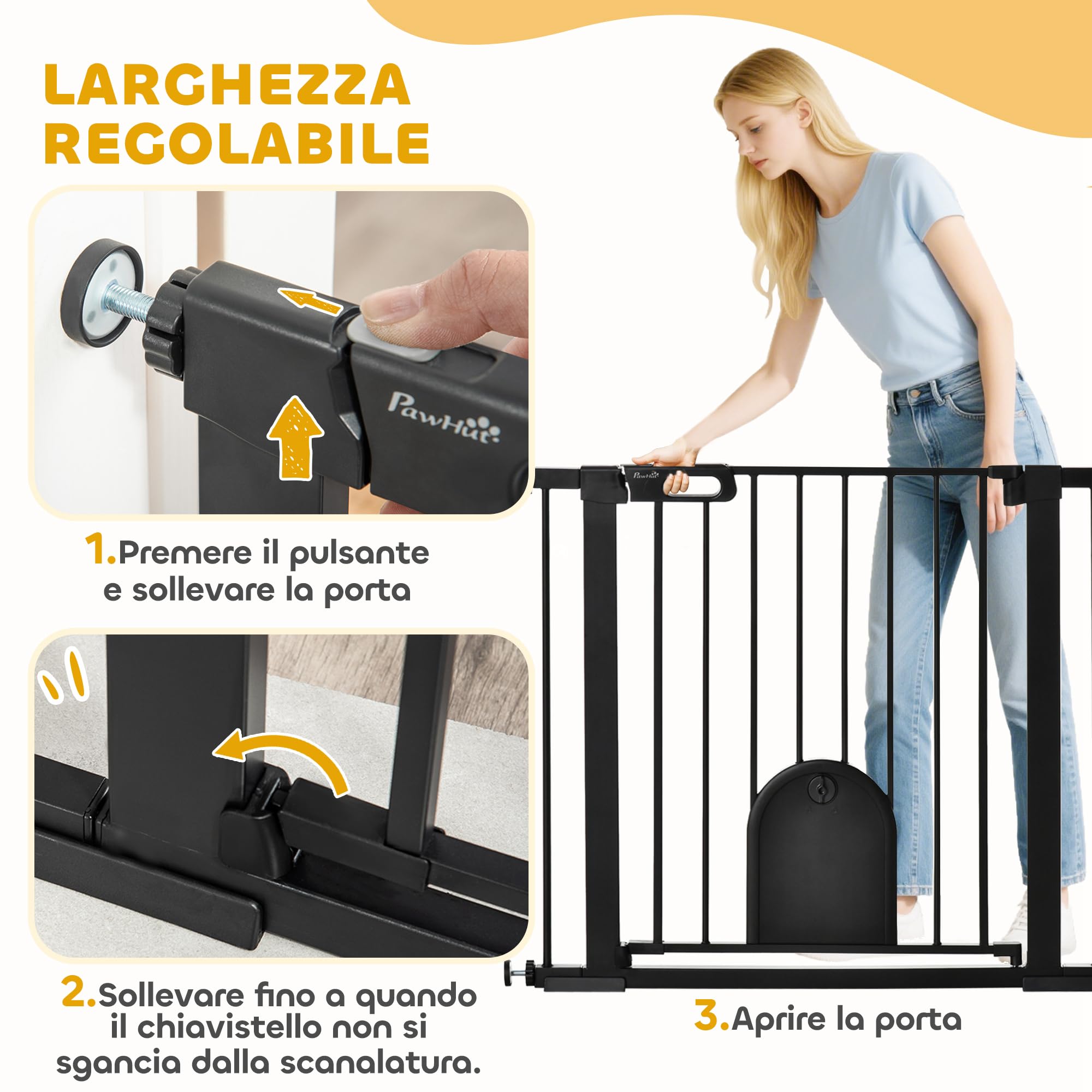 PawHut Cancellino per Cani Regolabile con Porta Piccola e Montaggio a Pressione, Barriera per Cani con Chiusura Automatica, 75-103x76 cm, Nero