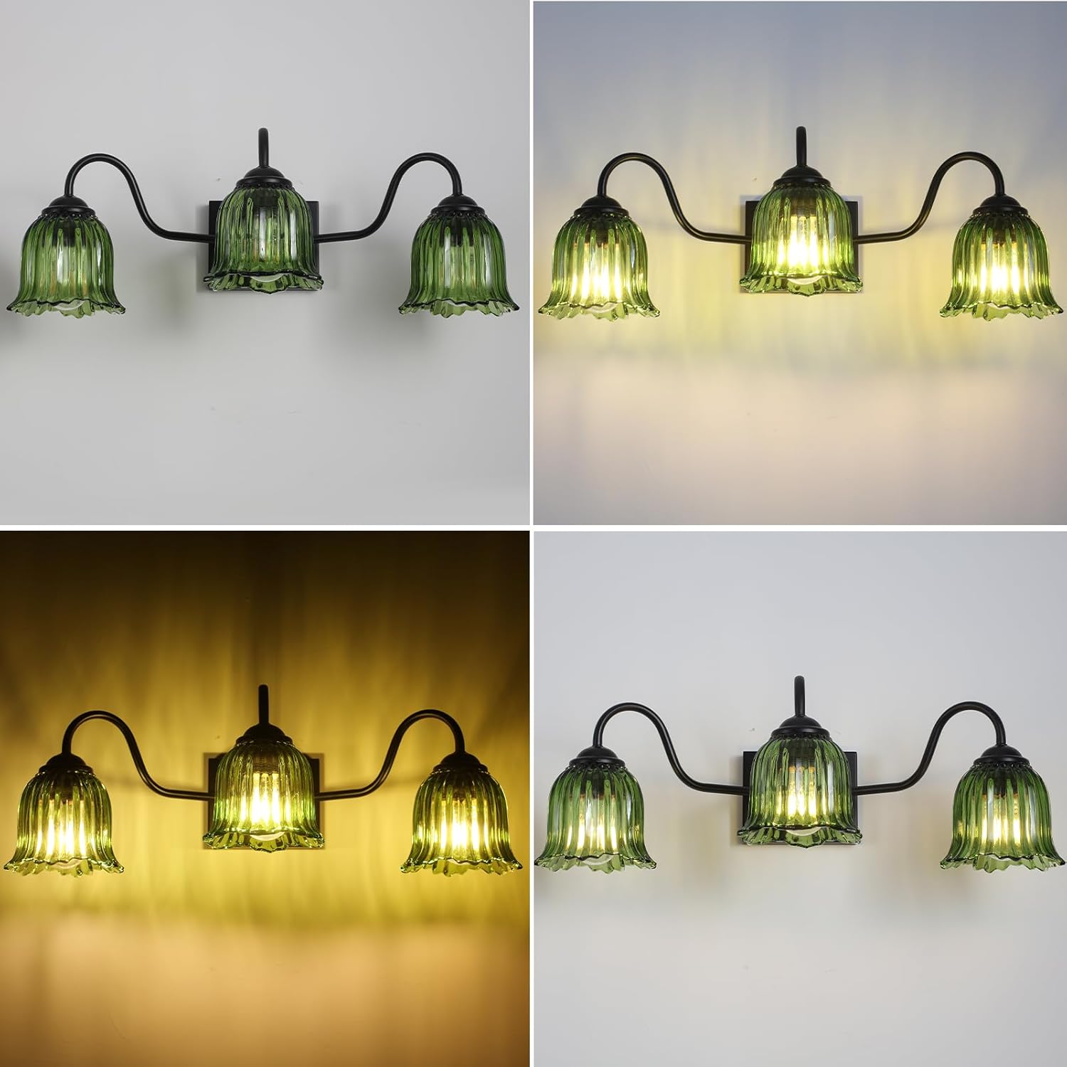 Bathroom Vanity Light, Black 3-Light Vanity Light Fixtures with Crystal Green Shades, Matte Vanity Lighting Fixture Modern Wall Sconces for Bedroom Dressing Room Living Room
