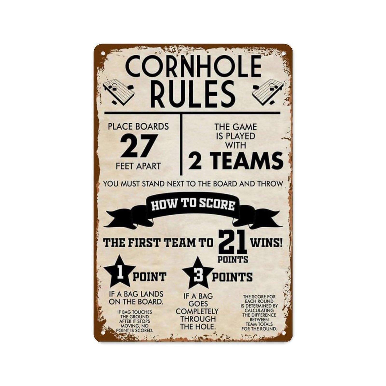 peiyeety Vintage Metal Tin Sign - Cornhole Rules - Sports Posters Metal Plaque, Funny Classic Cornhole Board Decor Man Cave Wall Art Decoration 12X8 Inch