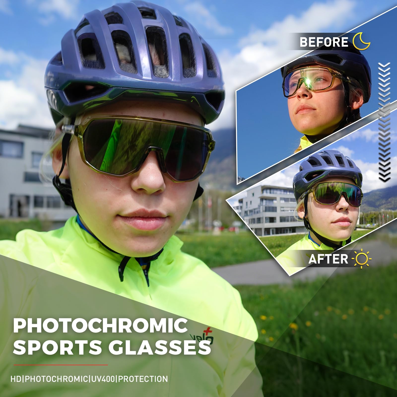 KAPVOE Occhiali Ciclismo Fotocromatici UV400 TR90 Uomo Donna K63 | Fotocromatica da trasparente a verde CAT.1-CAT.2, UV400, ventilazione, TR90 leggero