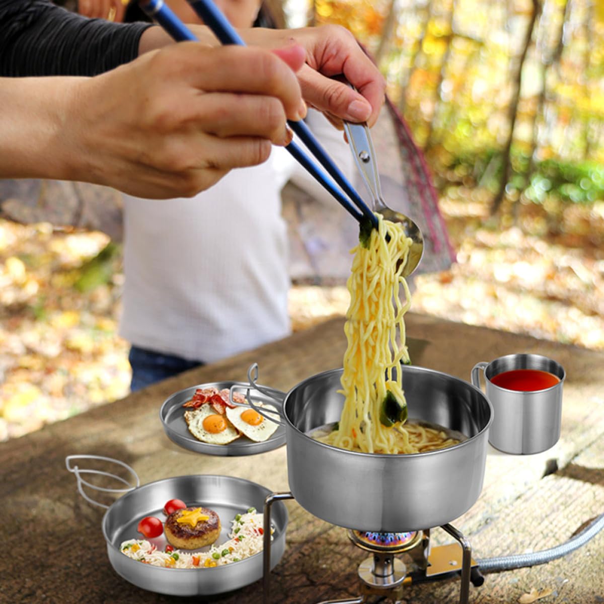 Hemobllo Camping Kochgeschirr 8 Stück Edelstahl Tragbares Outdoor Kochpfannen Picknick Kochgeschirr mit Tasche für Wandern Camping Grillen