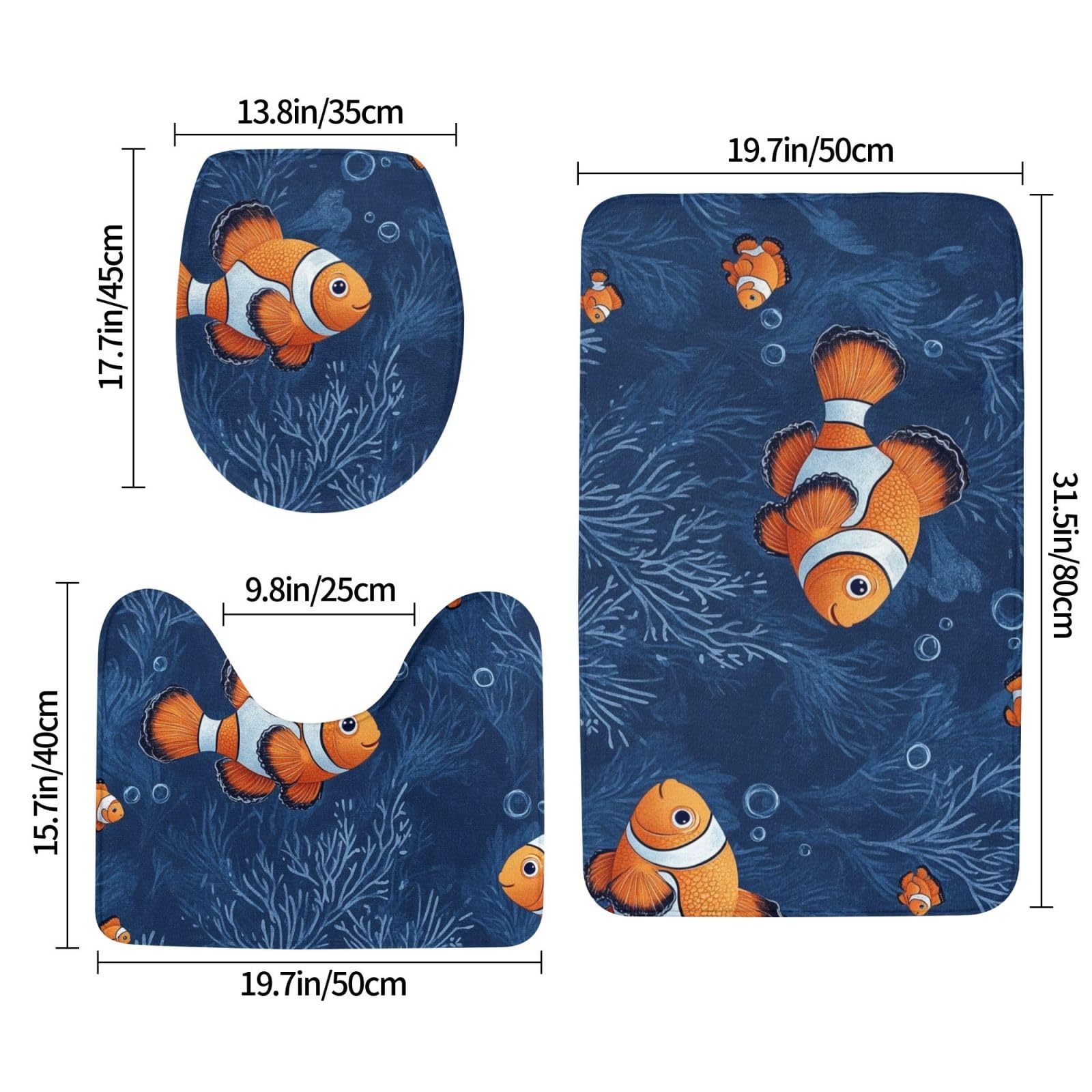 Lot de 3 tapis de salle de bain à fond bleu avec poisson orange, tapis de bain doux et absorbant en mousse à mémoire de forme et tapis de toilette en forme de U, décoration d'intérieur, séchage rapide