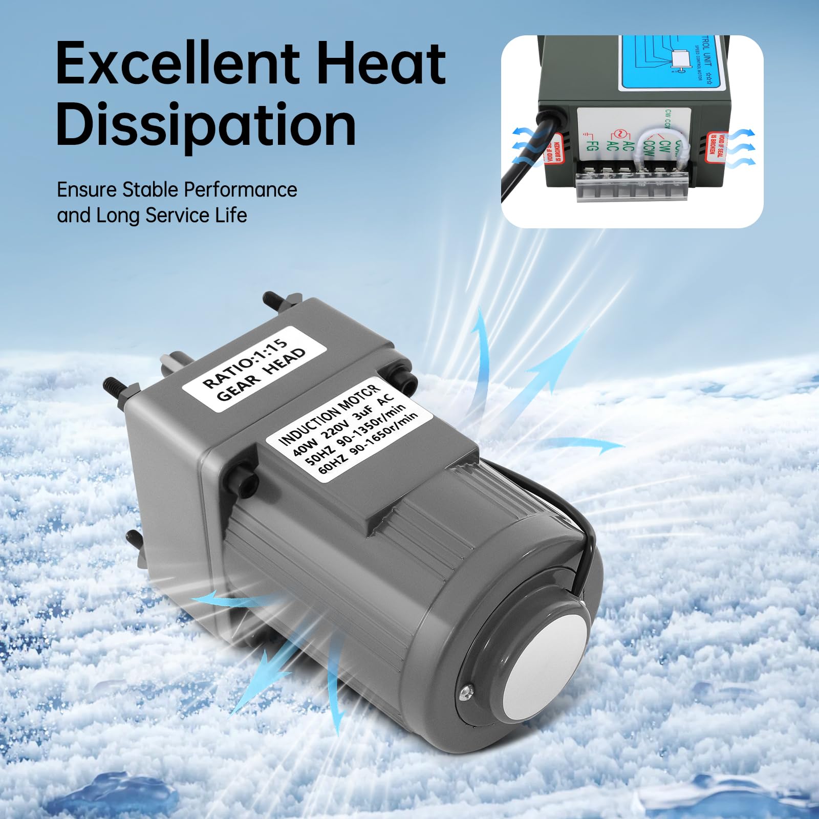 Motor de accionamiento Motor eléctrico corriente alterna 40W 220V, motor de accionamiento ajustable de alto par ajustable con regulador de velocidad, 1:15 (15 K), 90 U/min