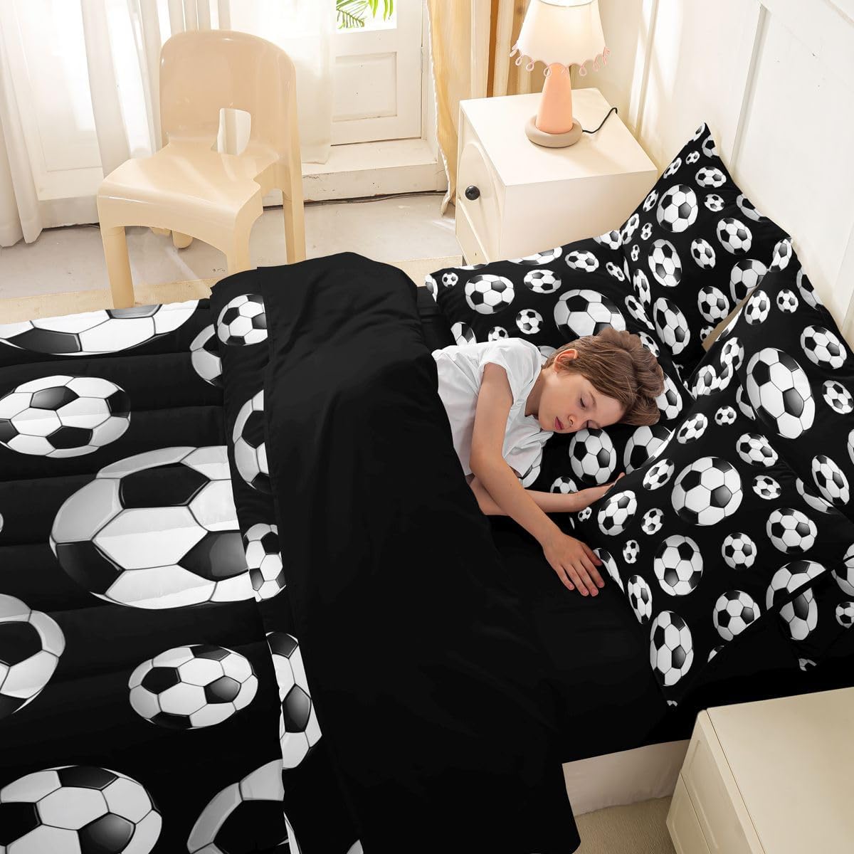 Feelyou Football Soccer 7 Piece Bedding Set Soccer Ball Game Comforter Set with Sheets for Kids Boys Girls Black White Bed in a Bag Gift for Football Lover Bed Set Soft Lightweight