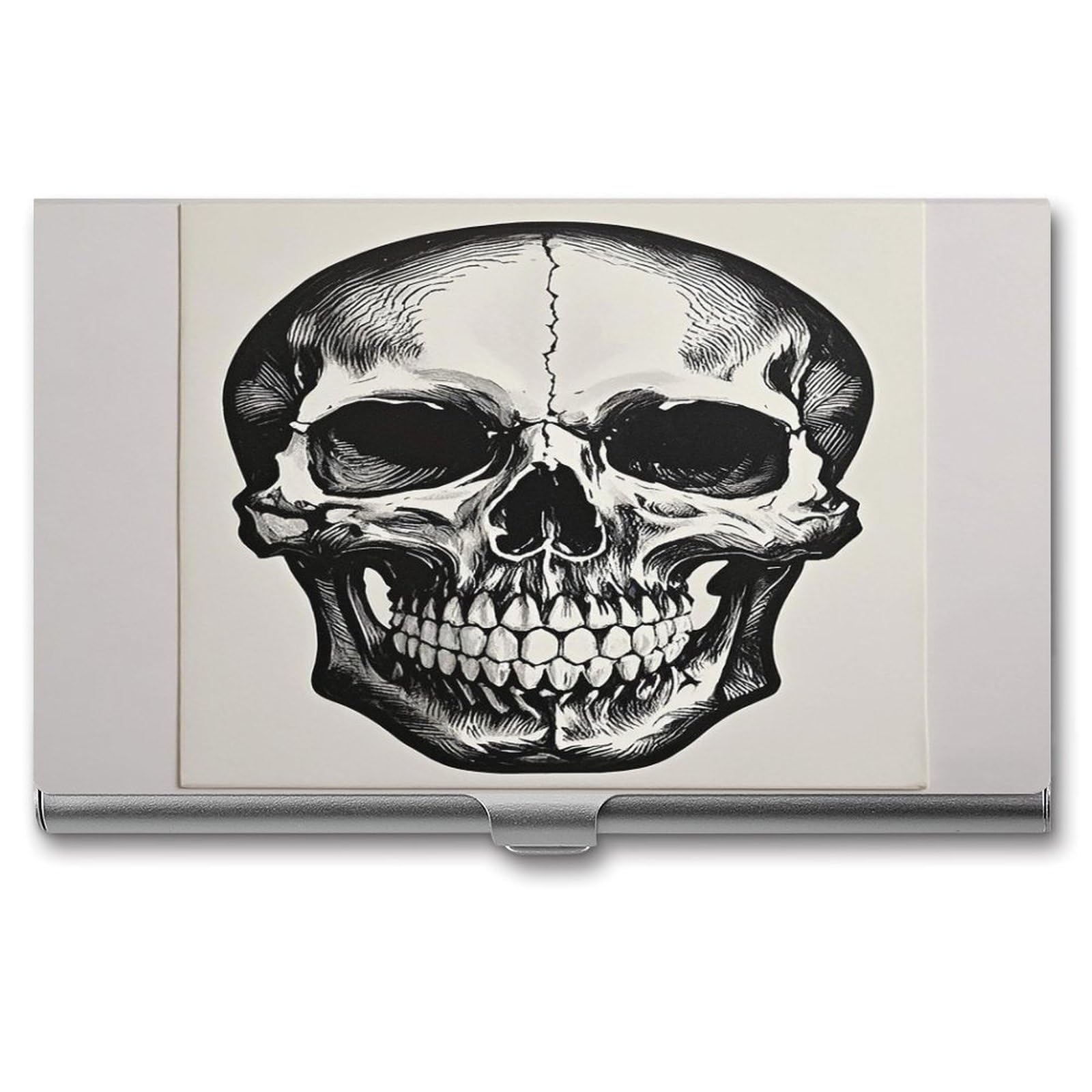FekiLoot Black Skull Pattern on White Background Business Card Holder Aluminum Alloy Business Card Case Convenient to Carry Business Card Dispenser for Men Women